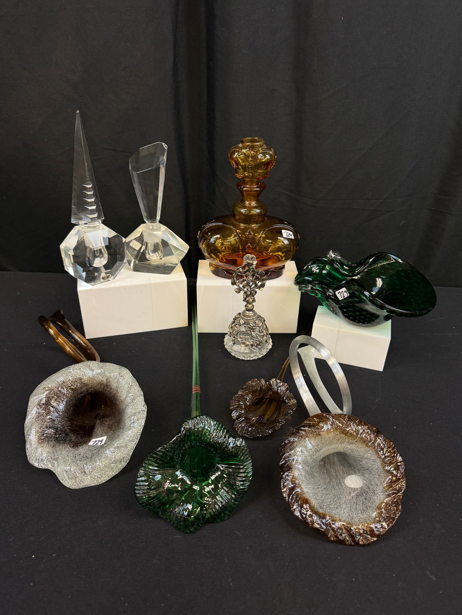 MId Century Glass Group, Murano, More!: A large group of Mid Century glass to include a pair of Murano floral control bubble matching bookends (5.5" tall), a green Murano control bubble ashtray, 4 Geneva Collection Czech glass hand blown fl