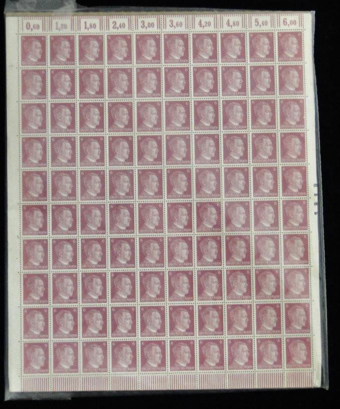 A full sheet of original Adolph Hitler stamps