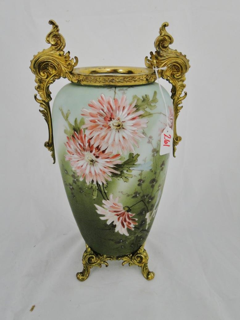 Monumental signed wave crest hand painted floral vase w: Monumental signed wave crest hand painted floral vase with ormolu, measures 18" tall