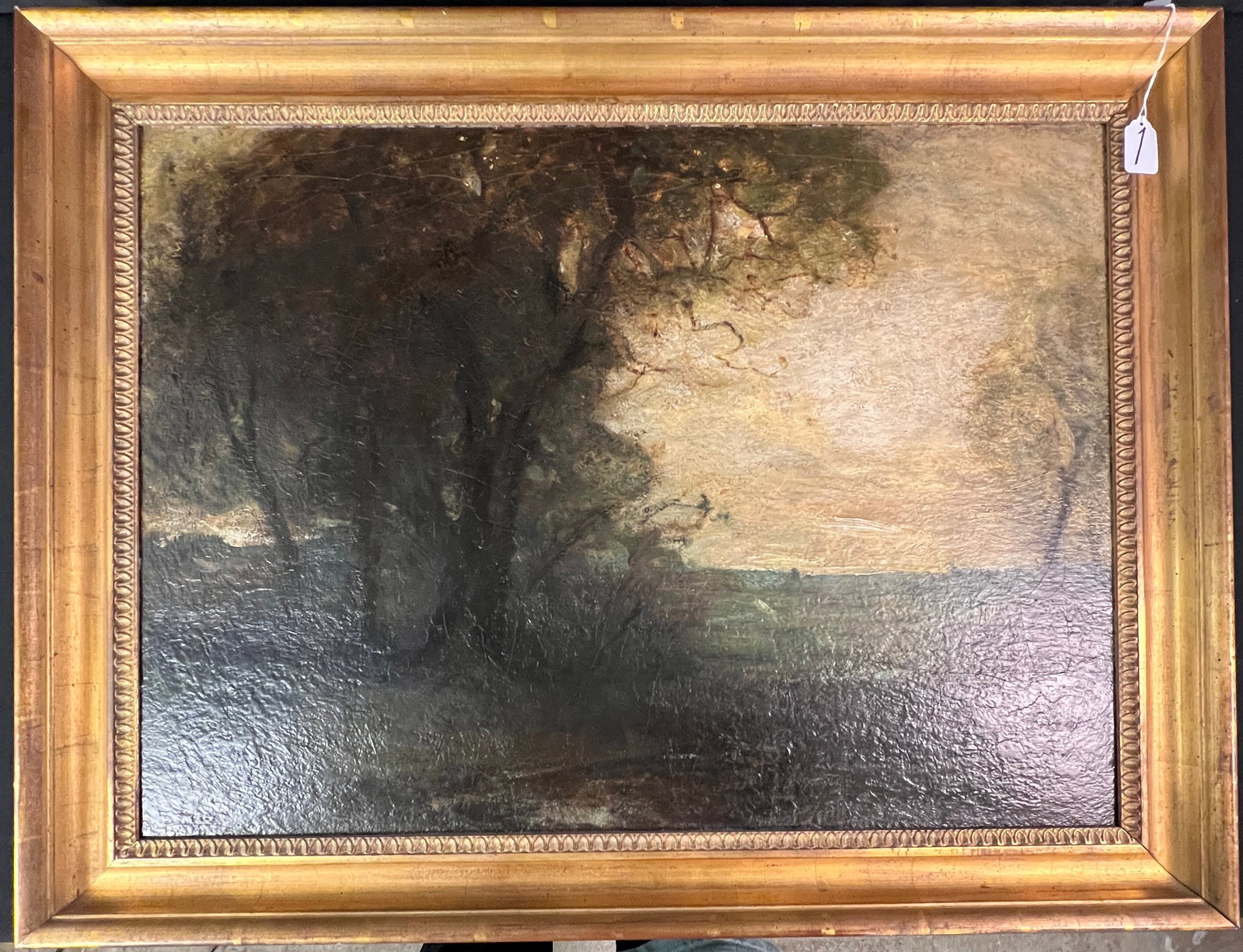 Charles Melville Dewey (1849-1937) Oil Painting: An oil on panel lunar landscape by tonalist artist Charles Melville Dewey (1849-1937). This piece depicts a moody twilight evening landscape scene and is in an original antique gold leaf frame. It