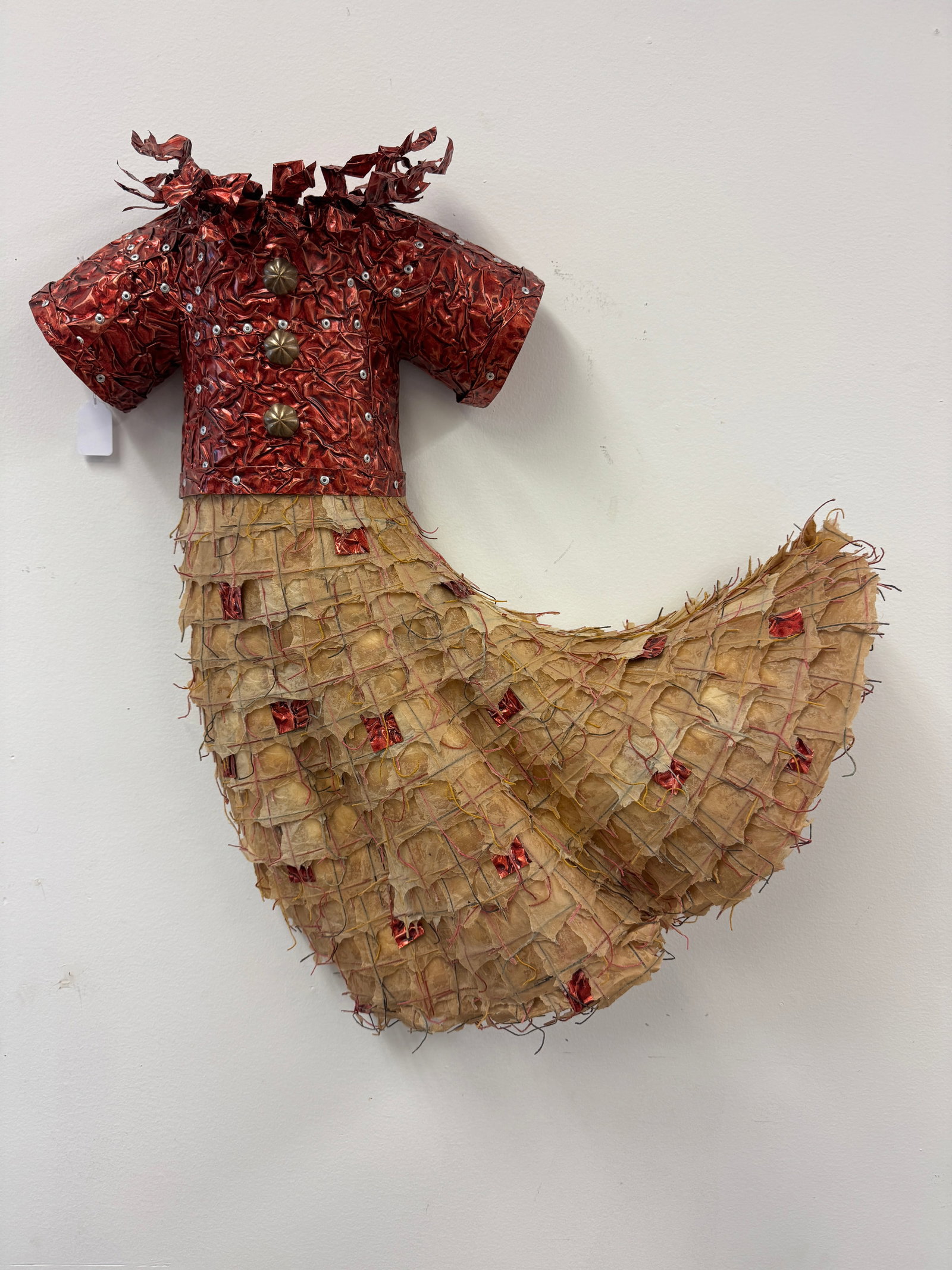 Rare John Petrey Dress Sculpture C.2019: A rare metal and papier mache wall sculpture by listed American sculptor John Petrey (1958- ). Petrey works from found objects in his Chattanooga studio. Known for creating sculptural dresses, this wo