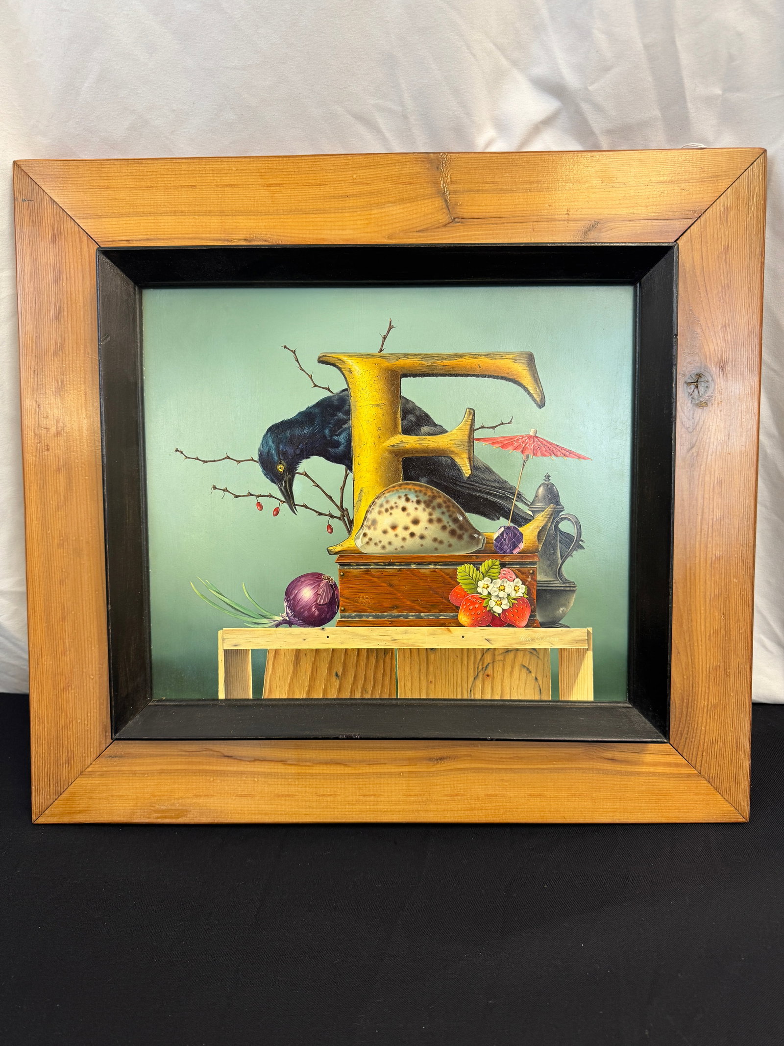 William Bloom Surrealist Oil on Canvas Board: A quality framed Surrealist oil on canvas board by listed Wisconsin artist William Bloom (1936- ). It is titled "In Search of Eden", is signed on the front right corner as well as the back. It