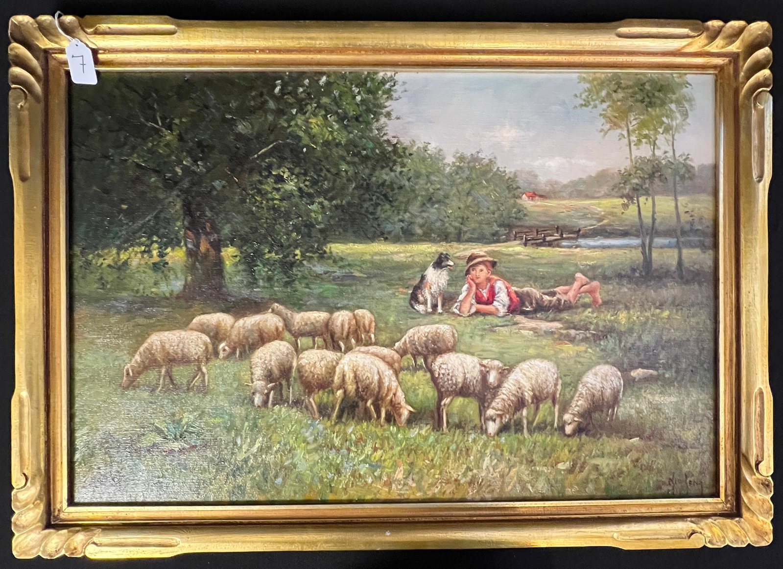 Oil on Canvas Painting by Nic Lenz: A dreamy painting depicting a young boy in repose with his dog and grazing sheep. This piece was done by listed Wisconsin artist Nic Lenz (1882-1974), with an artist's signature in lower right. In a