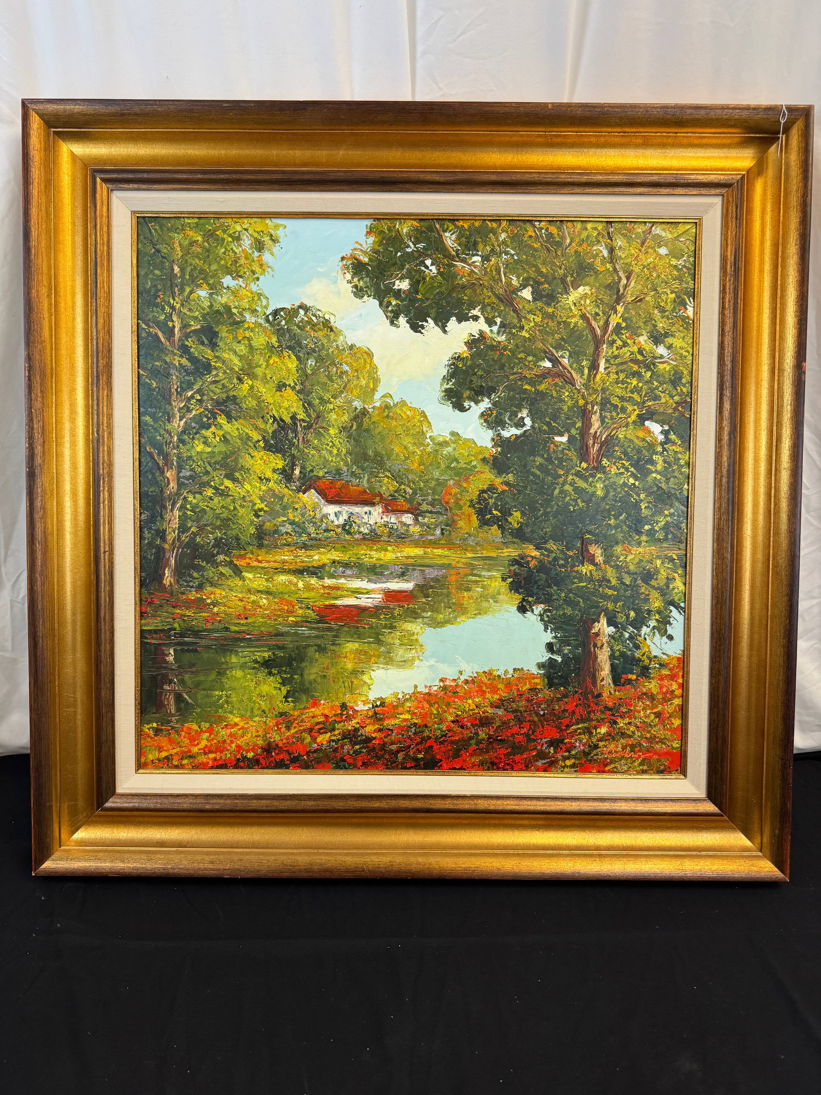 Peggy Corthouts original Oil on Board: This quality framed Impressionist style original oil on board is by listed American contemporary artist Peggy Corthouts ( 1959- ). It is titled "Villa Retreat), is signed in the lower right corner