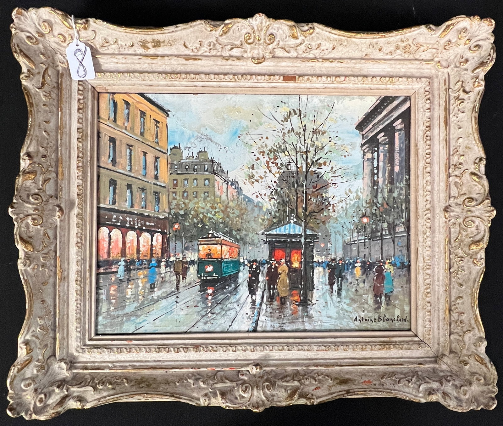 Oil on Canvas by Antonie Blanchard (1910-1988): An oil on canvas Impressionist painting titled "Paris At Dusk" by French artist Antonie Blanchard (1910-1988). Blanchard began painting his immensely popular Parisian street scenes in the late 1950s.