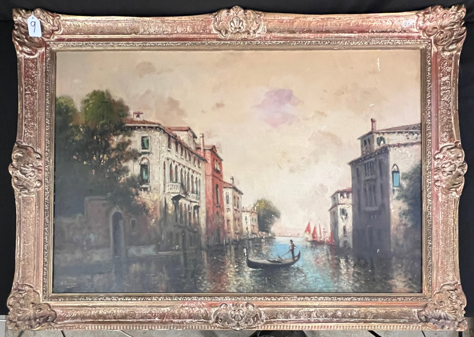 Venice Canal Oil Painting by Nicholas Briganti: An oil painting by artist Nicholas Briganti (1861-1944). This painting depicts a Venice canal with buildings along with water's edge and a gondola. Artist's signature in the lower left. In softer