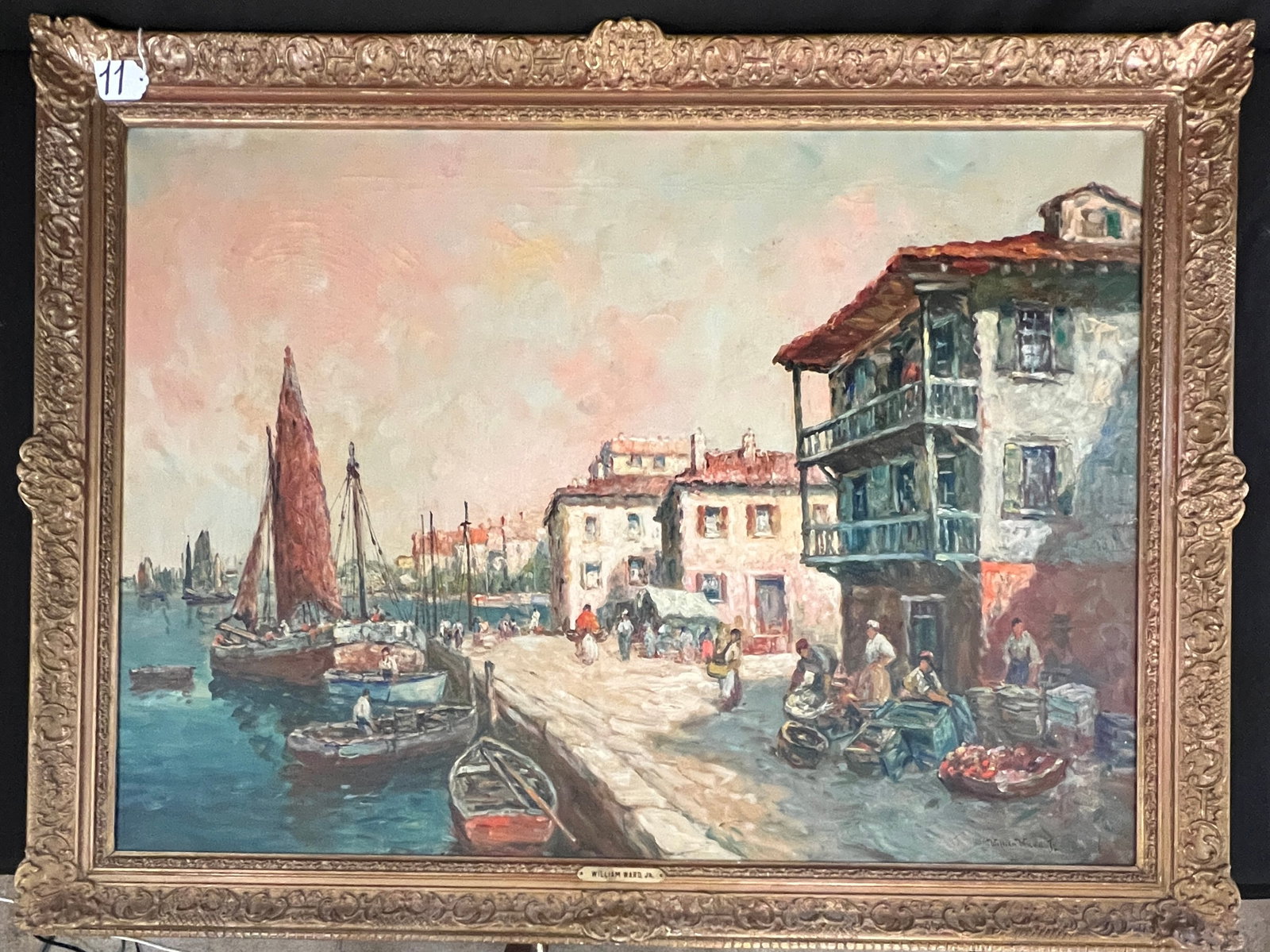 William Ward Jr. Venetian Harbor Scene Oil on Canvas, Early 19th Century: William Ward, Jr. early 19th century oil on canvas depicting Venice Harbor scene with boats, buildings, and people. This signed painting is well executed and is in excellent condition and retains its