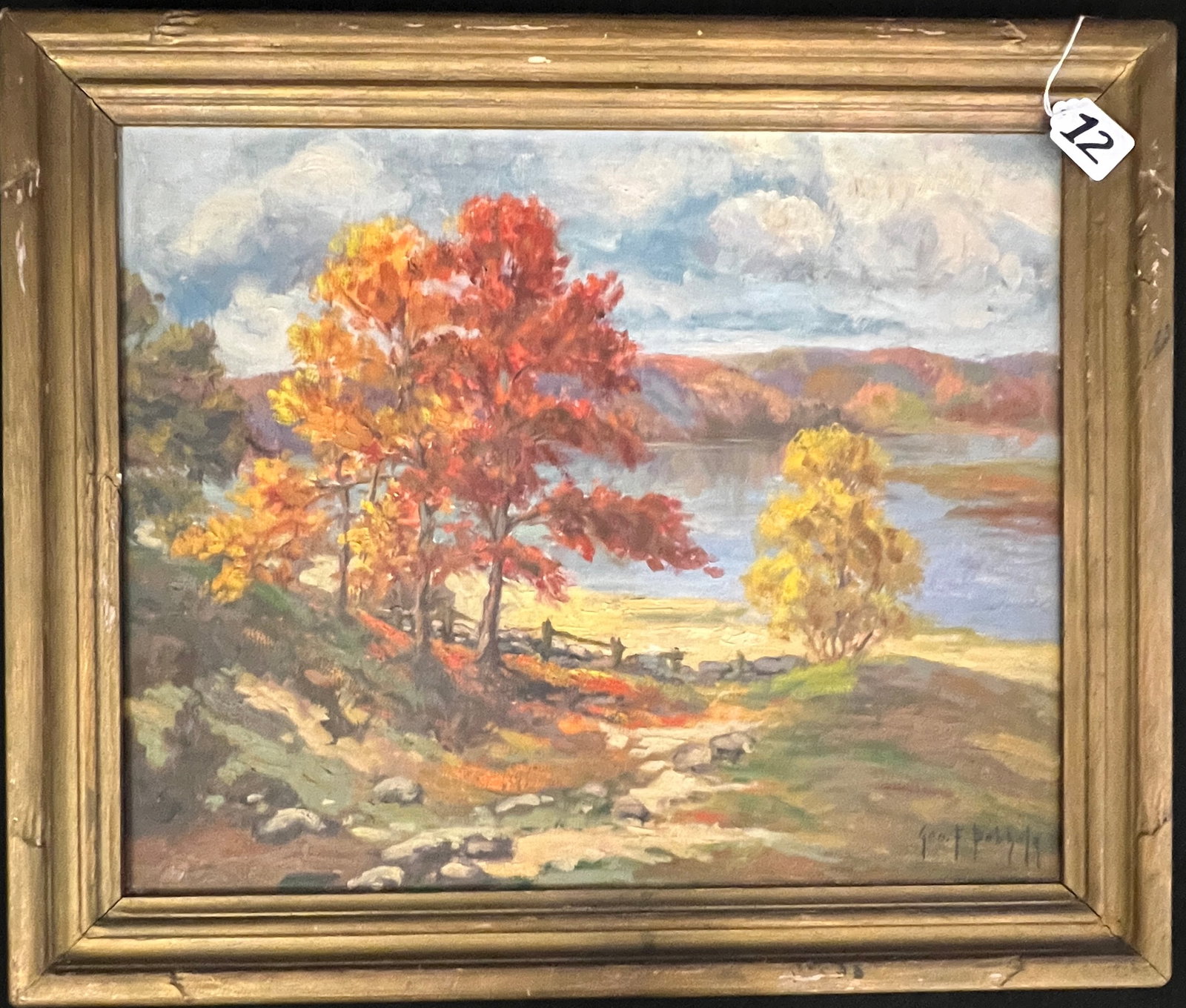 George Bobholz, Listed Wisconsin Artist Oil on Canvas of Woodland Scene: George Bobholz, listed Wisconsin artist, oil on canvas, depicting a Wisconsin woodland lake scene in fall colors. In good condition, retains original frame 20" tall by 23" across.