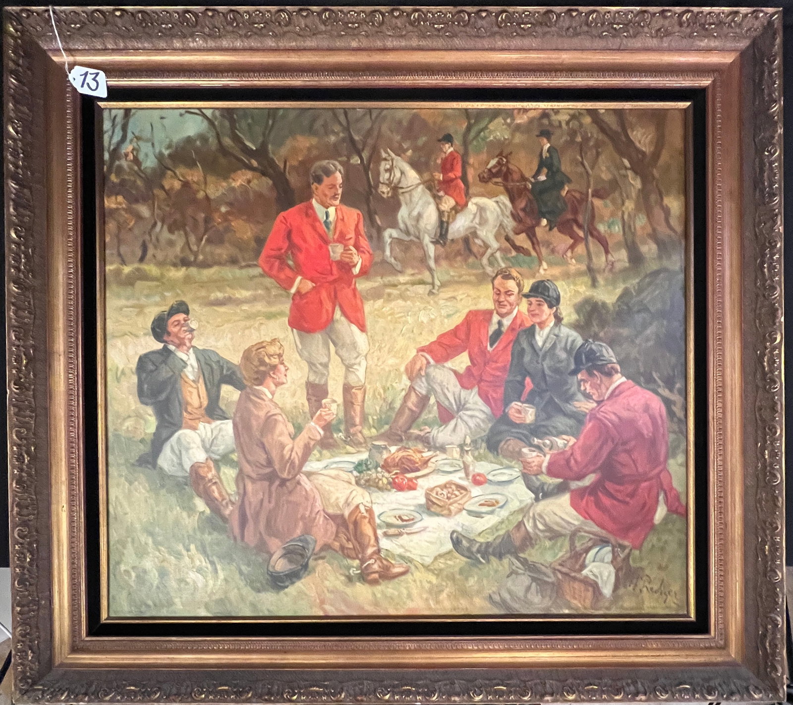 H. Rediger, Illustrator Magazine Artist Oil on Canvas of Hunting Scene: H. Rediger, illustrator, magazine artist oil on canvas, c.1920-30. Depicts a hunt scene picnic with horses, people, woodlands. Well executed, in quality gold leaf frame. Framed measurement 34" tall