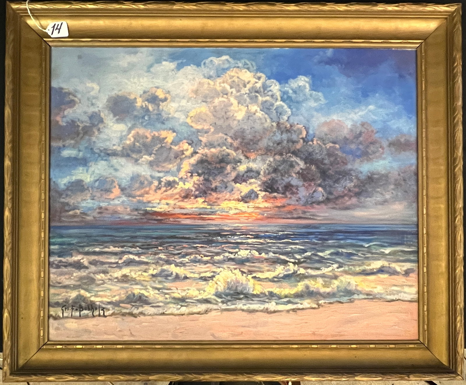 George Bobholz, Listed Wisconsin Artist Oil on Canvas of Sunrise: George Bobholz, listed Wisconsin artist, oil on canvas, depicting a Lake Michigan sunrise scene. In good condition, retains original frame 30" tall by 35" across.