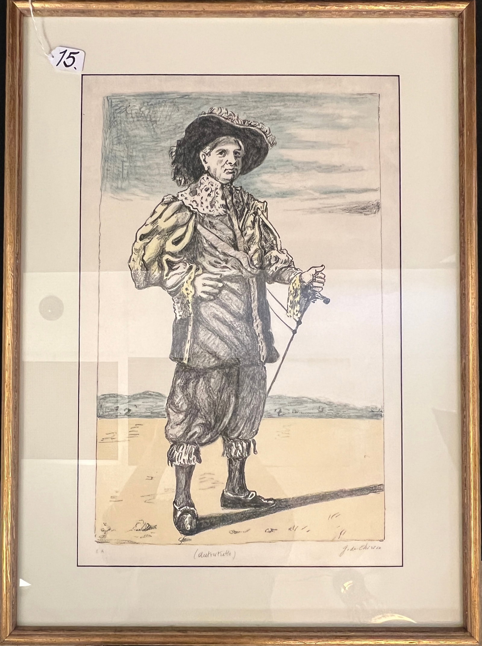 Giorgio de Chirico, Artist Proof Hand Colored Lithograph: Giorgio de Chirico (1888-1978), artist proof, signed lower right, hand colored lithograph in gold painted wood frame, male self-portrait dressed in period costume. Other works are included in collecti