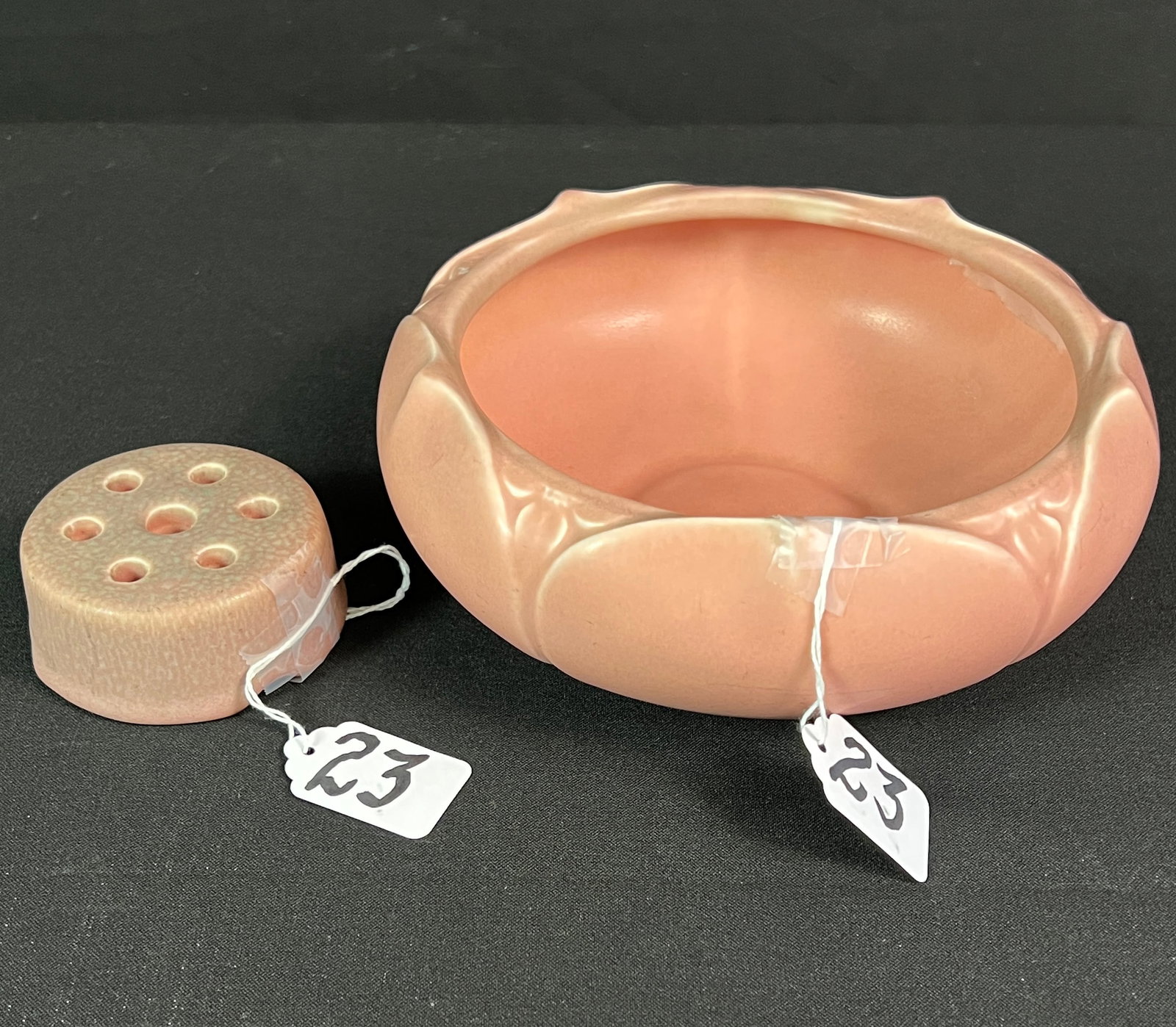 Rookwood Console Bowl with Matching Flower Frog c. 1931: A Rookwood Pottery console bowl with matching flower frog in mauve. Piece is in excellent condition and measures 3" tall X 8" across, flower frog is 1.5" X 3".