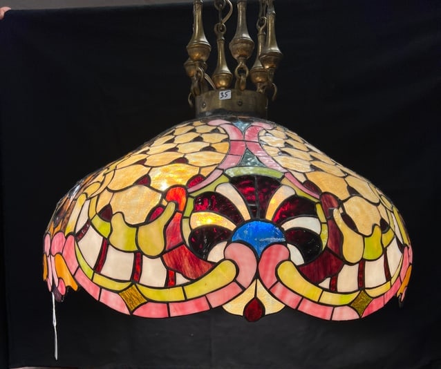 Duffner and Kimberly Leaded Hanging Fixture: An outstanding antique leaded glass light fixture with original high quality mounting hardware. Shade has a scalloped edge lower border and features creams, pinks, greens and ambers. Shade is attribut