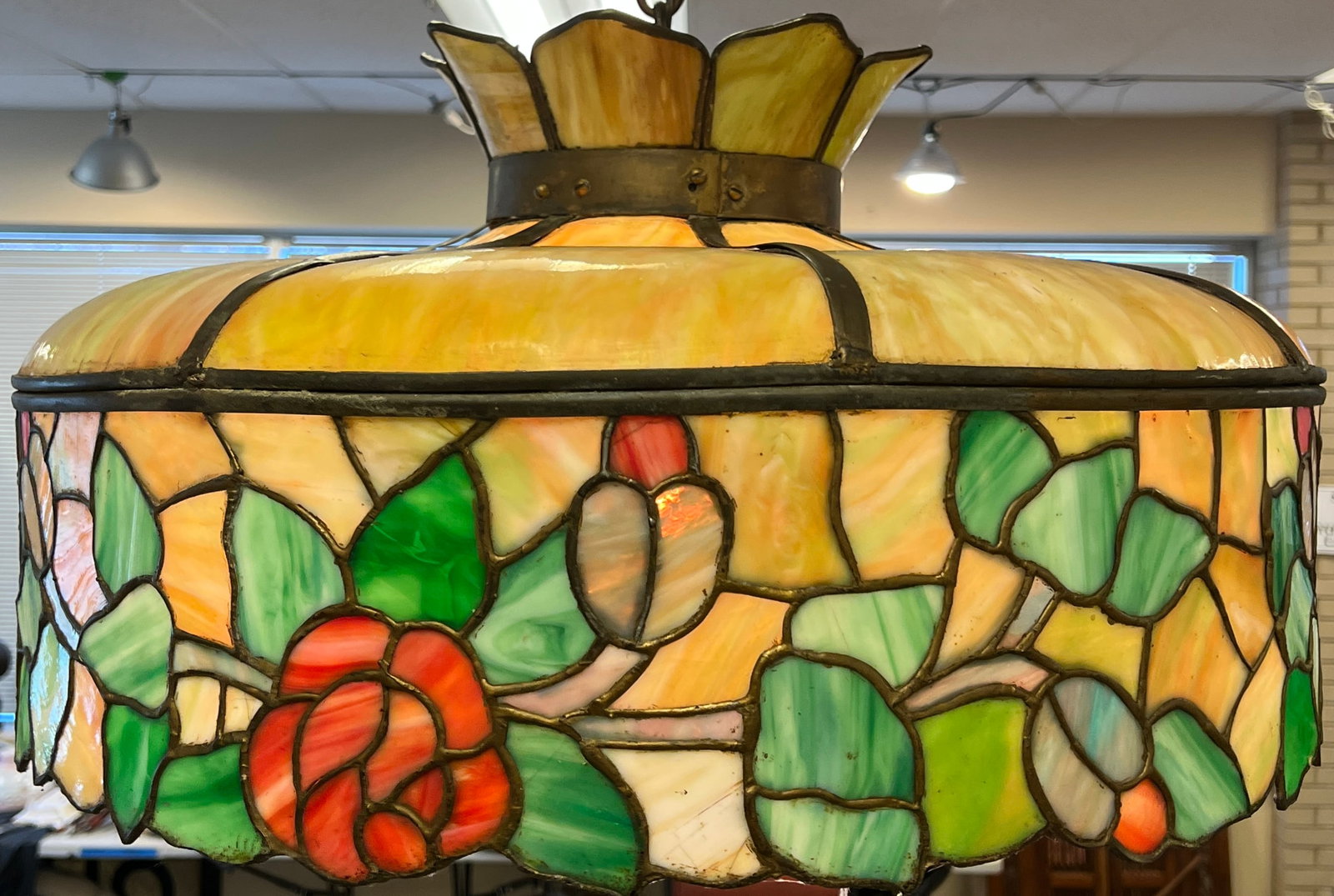Floral Leaded Glass Hanging Slag Light Fixture (1 of 6)