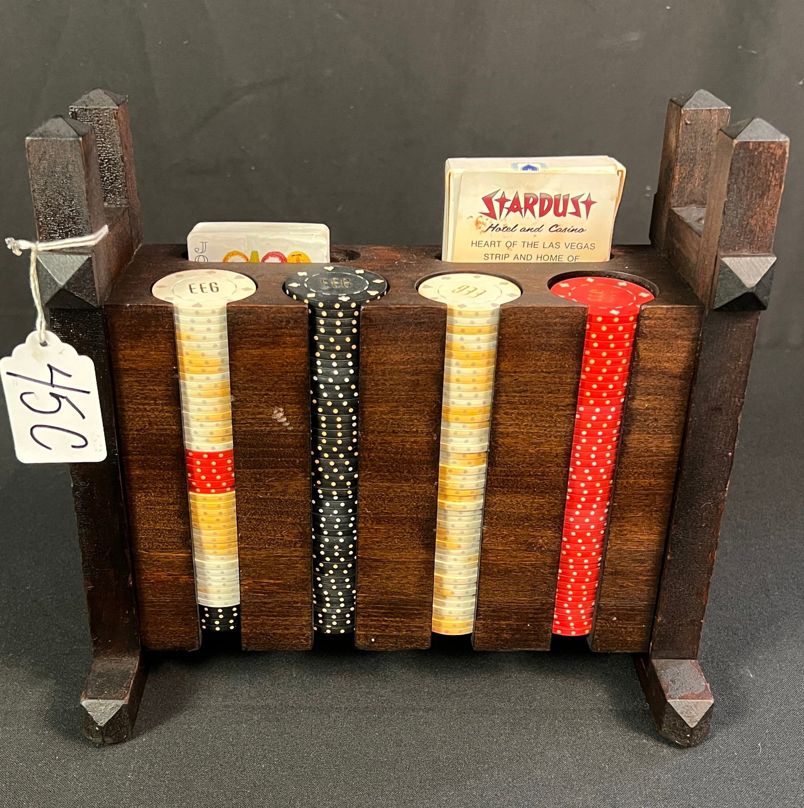 Arts and Crafts Poker Chip Holder: An Arts and Crafts poker chip holder in excellent condition. Comes along with original poker chips and cards, it measures 10" tall X 10" long X 5.5" deep.