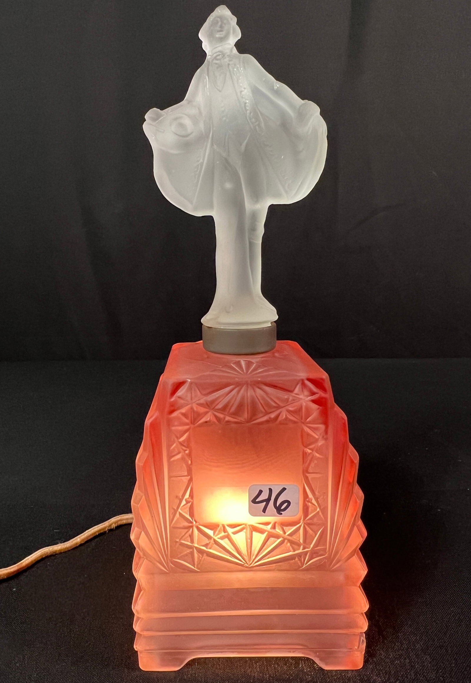 Art Deco Boudoir Lamp: An Art Deco satin glass boudoir lamp in working condition, cord does have some minor wear. Measures 10.75" tall.