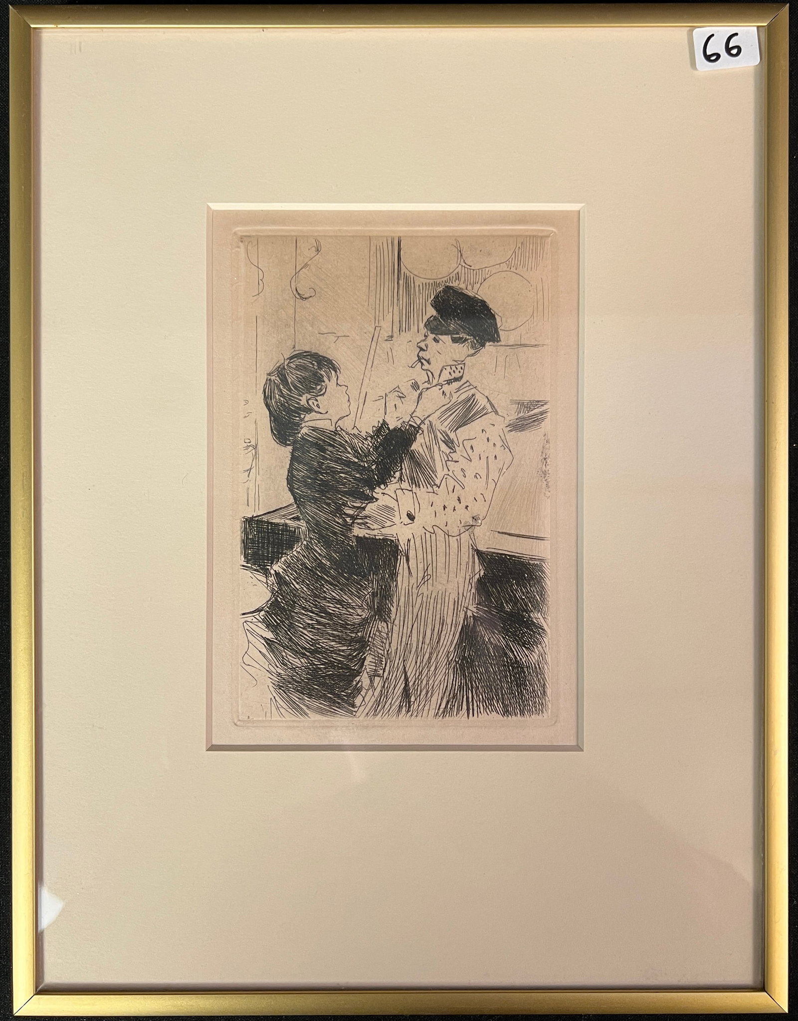 Jean-Louis Forain (1852-1931) Etching "Le Noeud de Cravate": An etching by French impressionist artist Jean-Louis Forain (1852-1931) entitled "Le Noeud de Cravate". Back of this piece contains a certificate of authenticity from the Associated American Artists