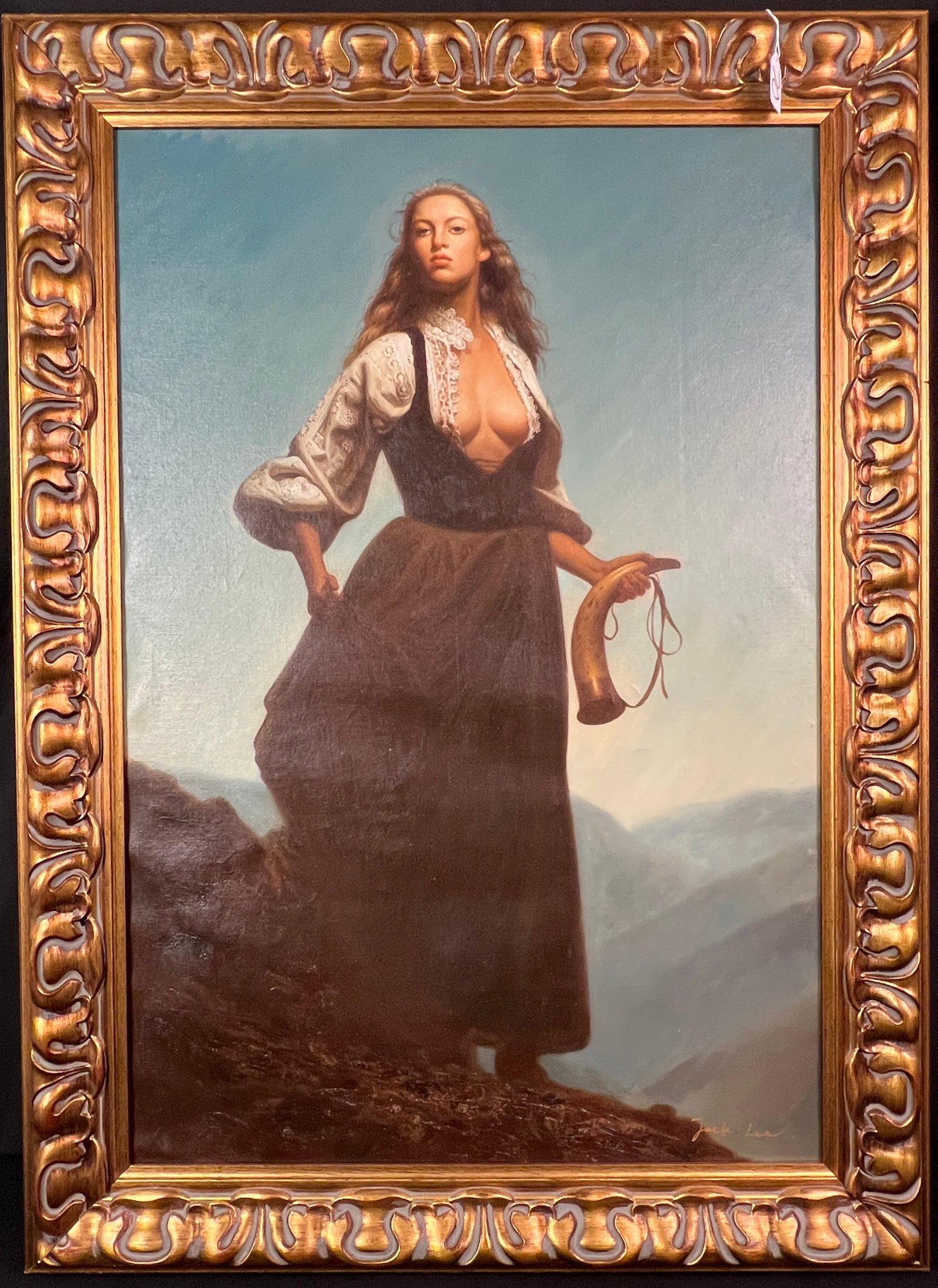 Oil Painting of Woman in the Mountains: A Jack Lee signed oil painting of a maiden in the mountains holding a powder horn.