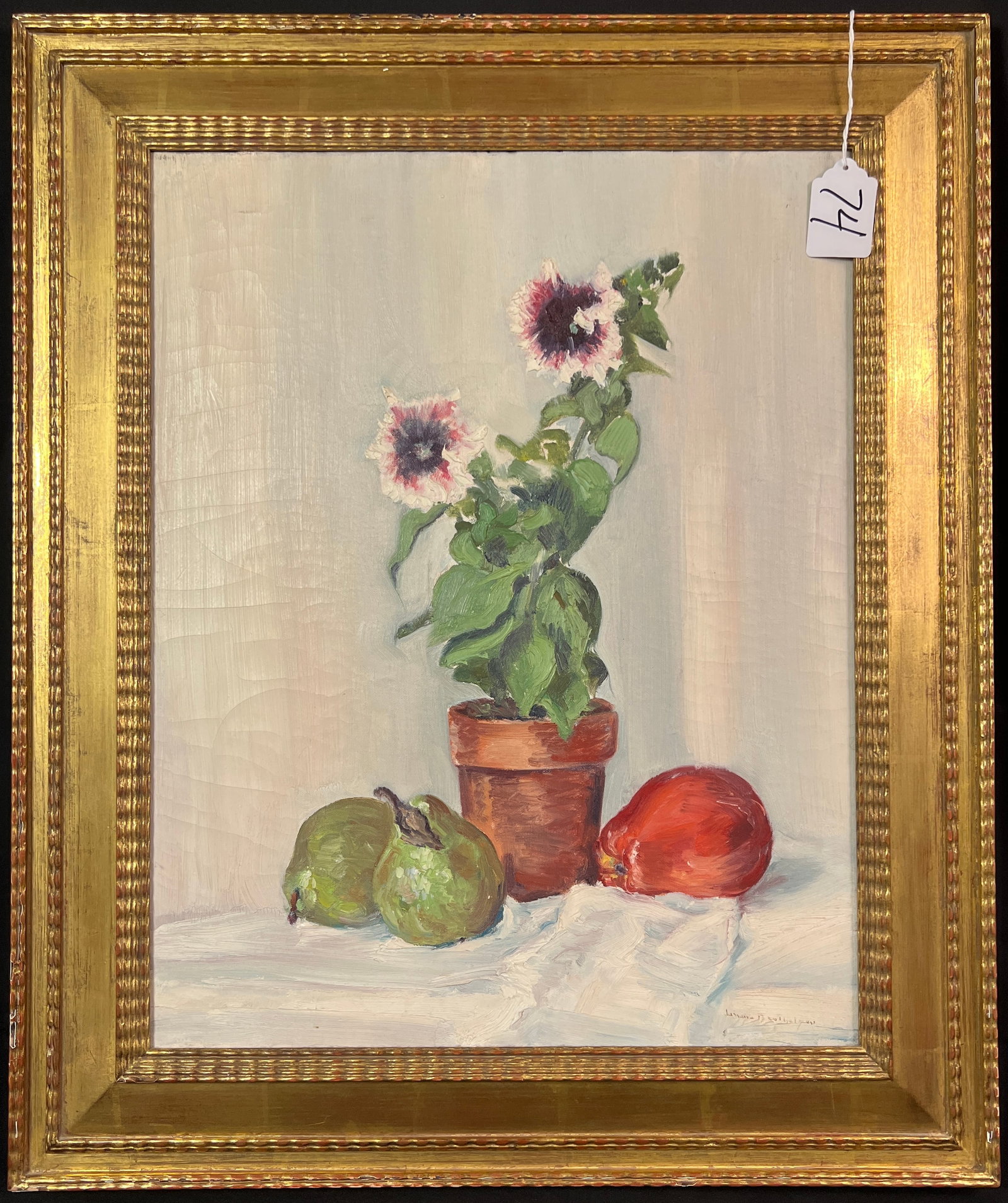 Johann Berthelsen Oil on Canvas C. 1940's: A quality framed oil on canvas still live by listed Danish born American artist Johann Berthelson (1883-1969) c.1958's. It is a still lief titled "Petunia and Pears on White". It is signed in the