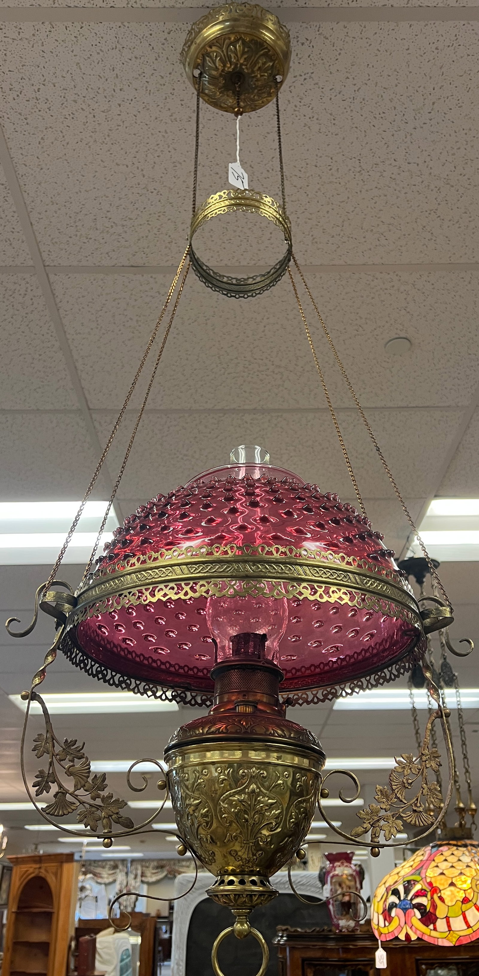 Cranberry Hobnail brass Oil Lamp Ceiling Fixture C1800's (1 of 8)