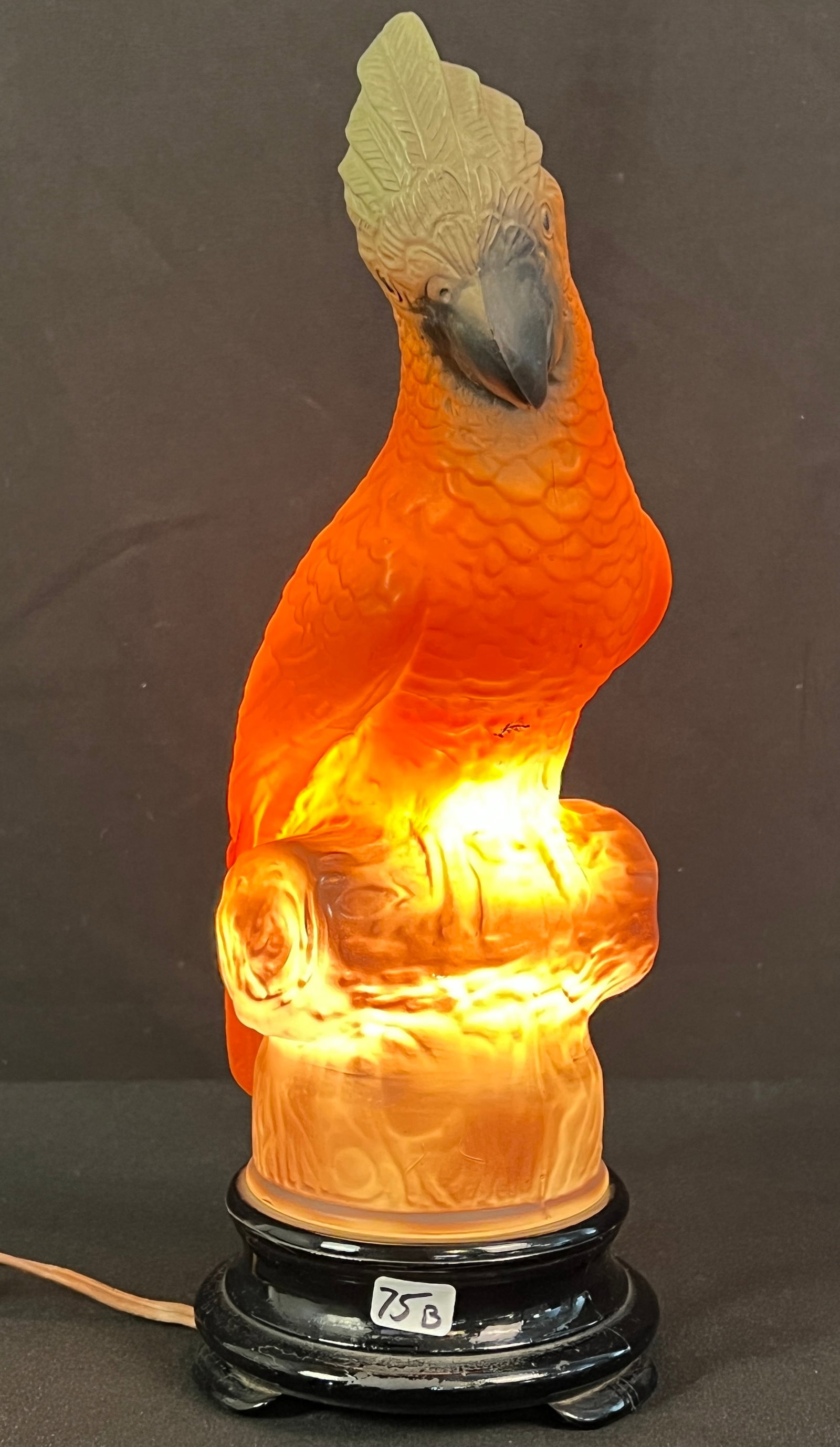 Tiffen Glass Novelty Parrot Lamp C 1920/30's: A mold blown Tiffen Glass Novelty table lamp c.1920/30's in the shape of a parrot in excellent condition. It measures 13" tall X 4" across X 6" deep.