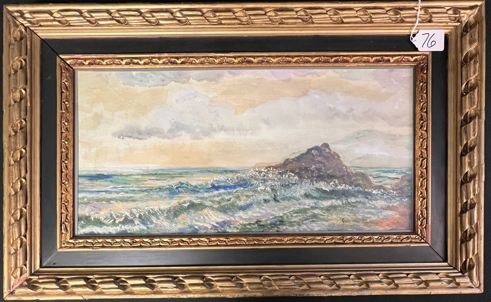 Granville Perkins Watercolor Seascape c. 1890's: A quality framed signed watercolor by listed artist Granville Perkins (1830-1895). It depicts a seascape under a storming sky. In a period frame, it measures 19" tall X 31" across, framed.