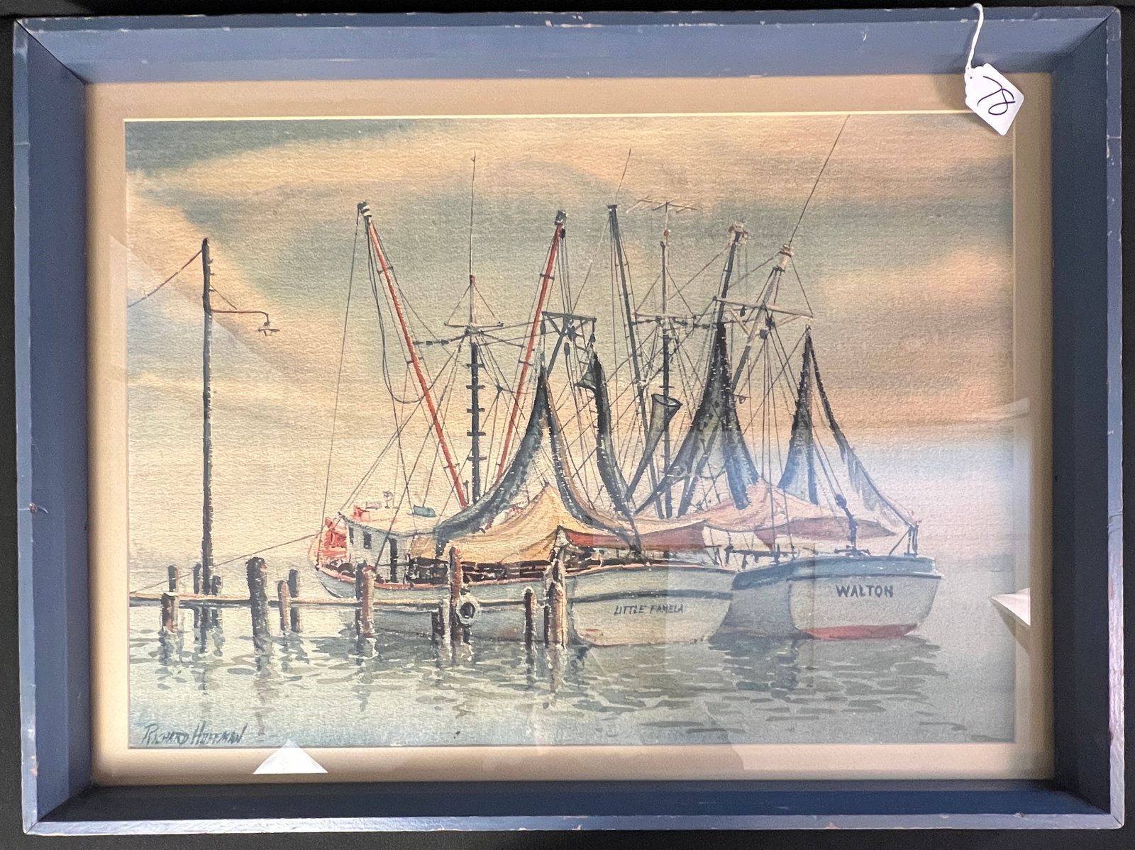 Richard Hoffman Watercolor of Boats c.1950's: A quality period framed watercolor by listed American artist Richard Peter Hoffman (1911-1997). It depicts 2 sailboats moored at a dock. Hoffman was known to paint boats. It is signed in the lower