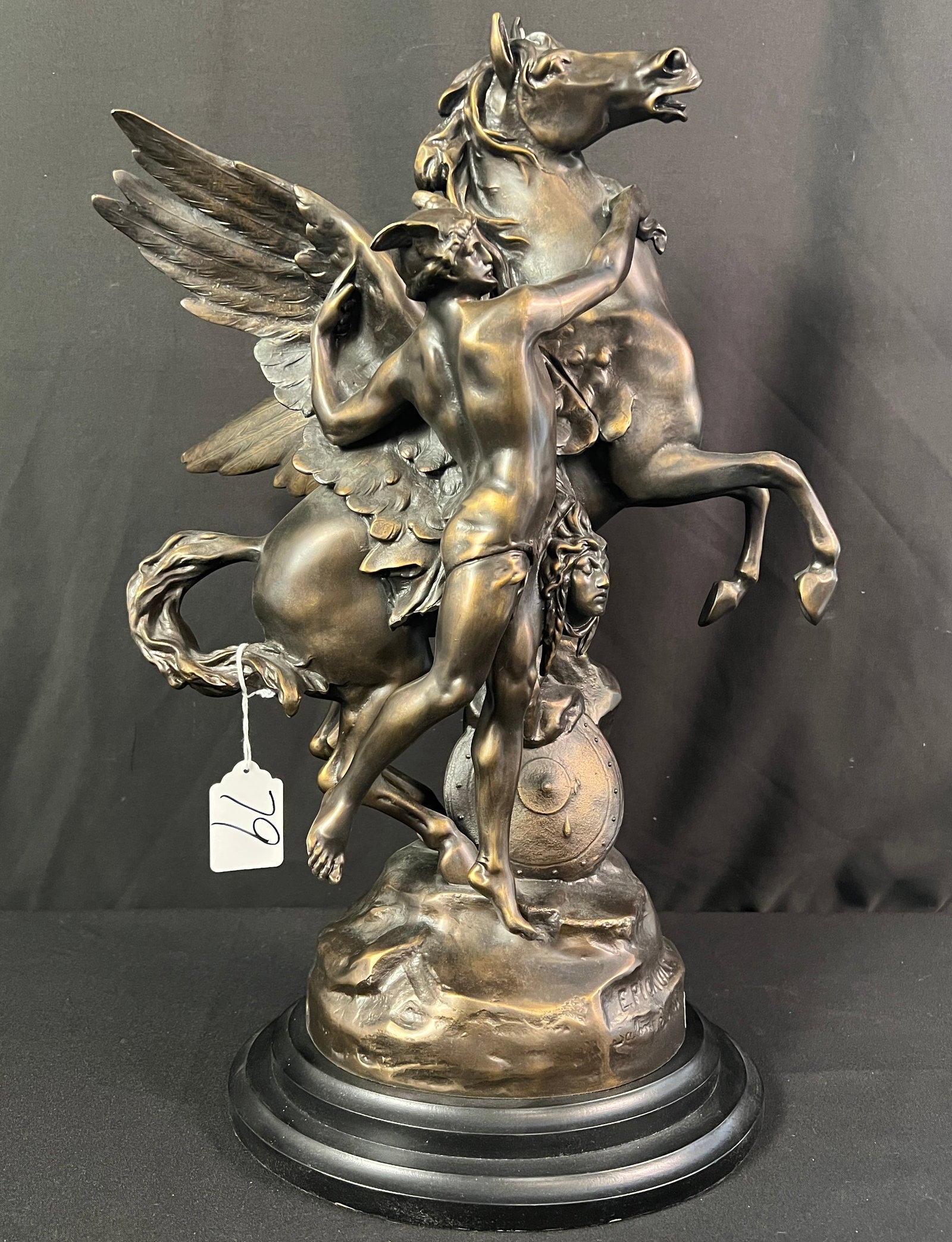 Emile Picault Signed Bronze Statue "Perseus and Pegasus ": A large contemporary bronze sculpture by listed French Sculptor Emile Louis Picault (1833-1915) depicting Perseus and Pegasus. Perseus is holding Medusa's head. It is signed on the base. In excellent