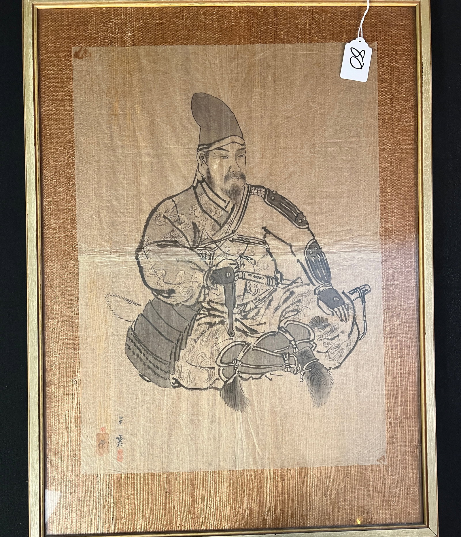 Japanese Rice Paper Portrait Painting of Samuri c. 19th Century: A quality framed signed ink on rice paper c. 1800's depicting a seated Samuri in armor, possibly Fujiwara no Kioshira, founder of the Northern Fujiwara Dynasty. Signed in the lower left corner. In