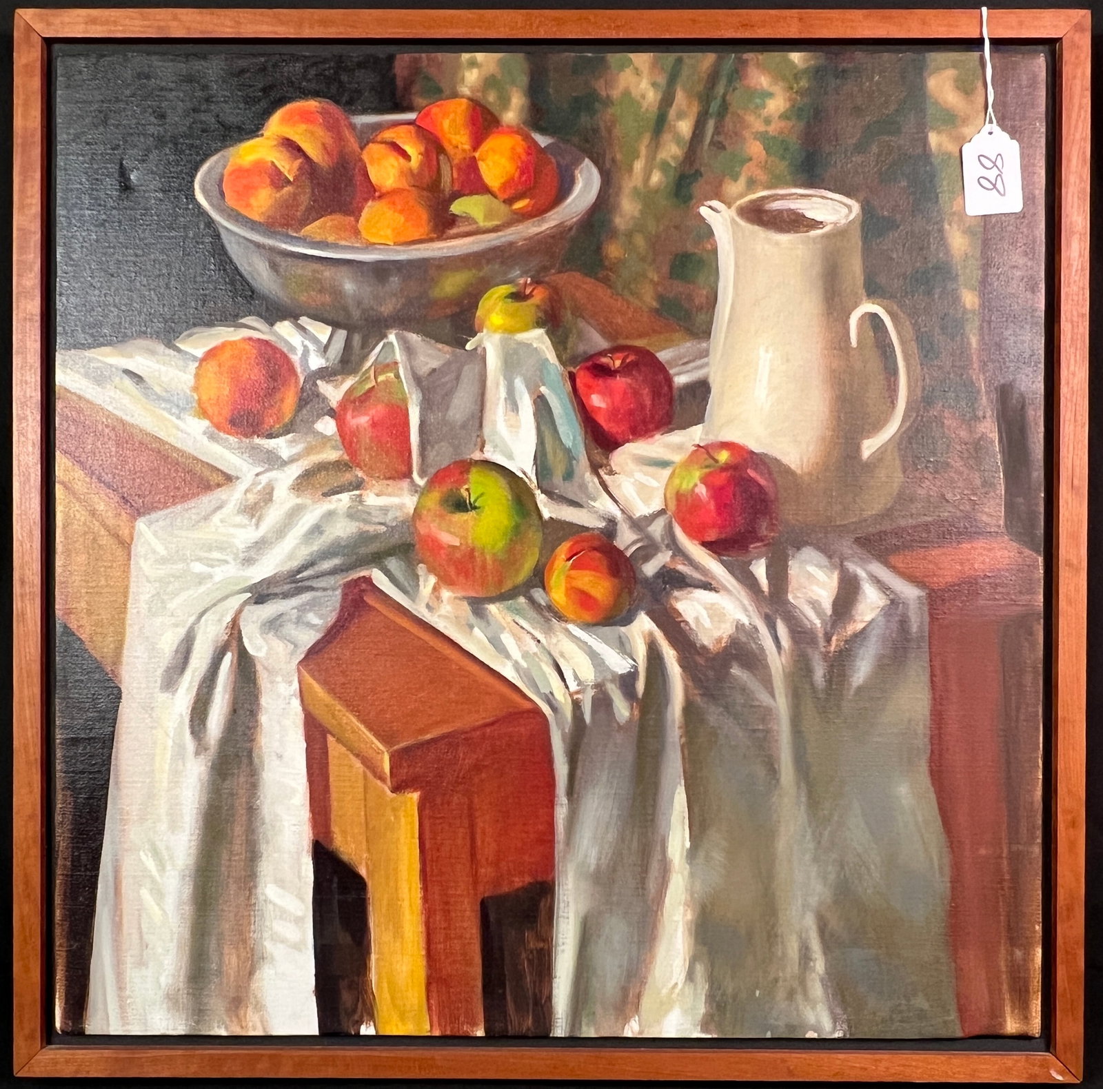 Gary Rosine Oil on Canvas Still life C.1990's: This quality framed oil on linen canvas still life is by listed Wisconsin artist Gary Rosine (1938-2004). It depicts a table full of fruit, and a pitcher with a drape in the background. Rosine was a
