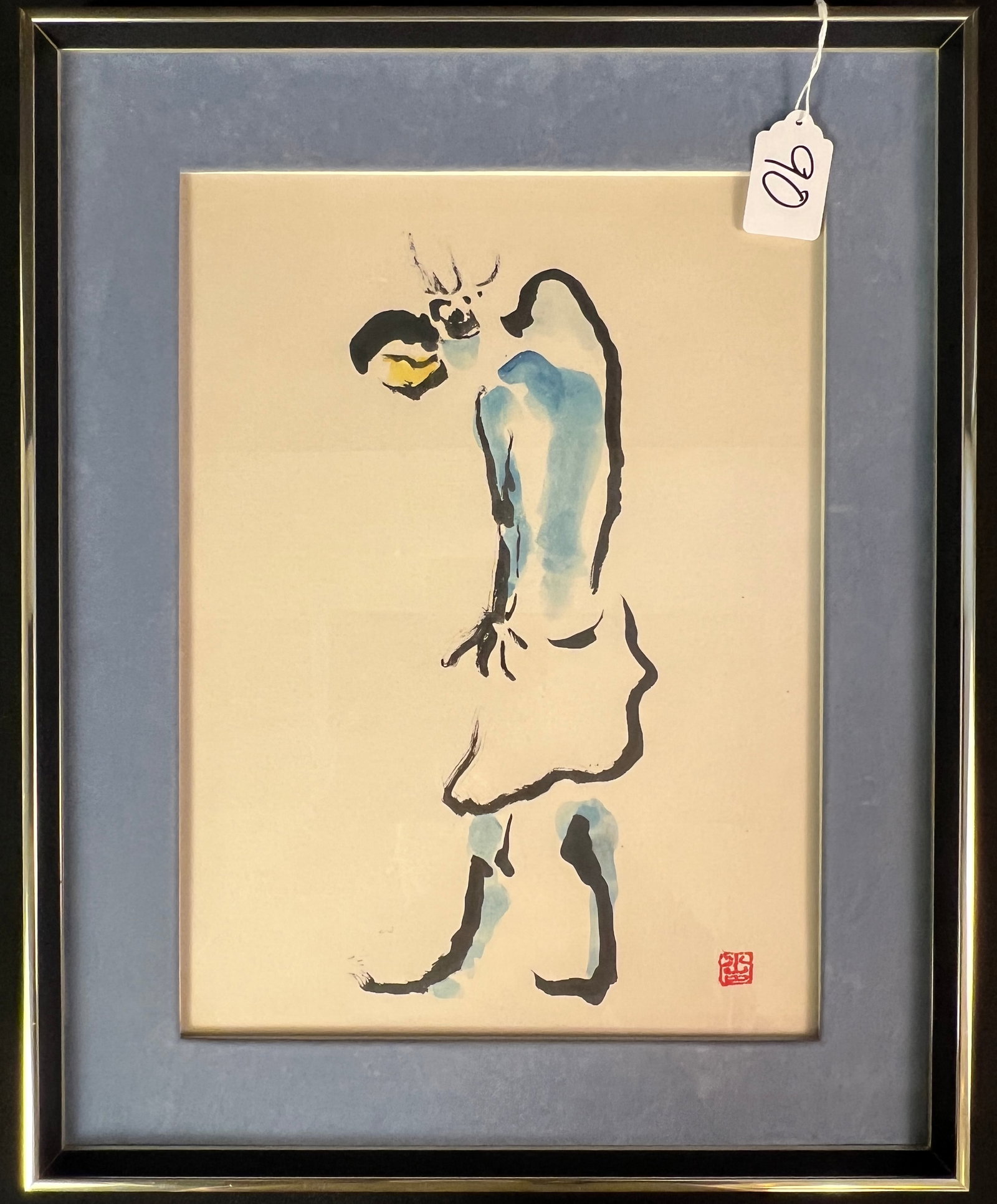 Japanese Watercolor and Ink Painting c.1969: A quality framed Japanese ink and watercolor painting of a figure , signed and dated 1969. We cannot make out the signature . It depicts a hunchback man done in a Modernist style. In excellent