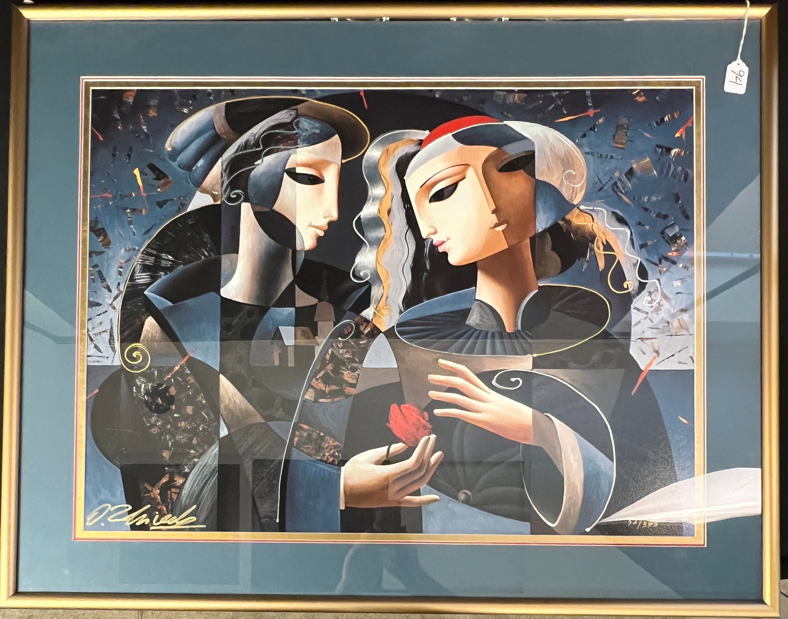 Oleg Zhivetin Limited Edition Embellished Serigraph C. 1998: A quality matted and framed limited edition embellished giclée on paper by listed artist Oleg Zhivetin (1964- ) titled " Friendship". It depicts 2 Cubist style figures with one presenting the other