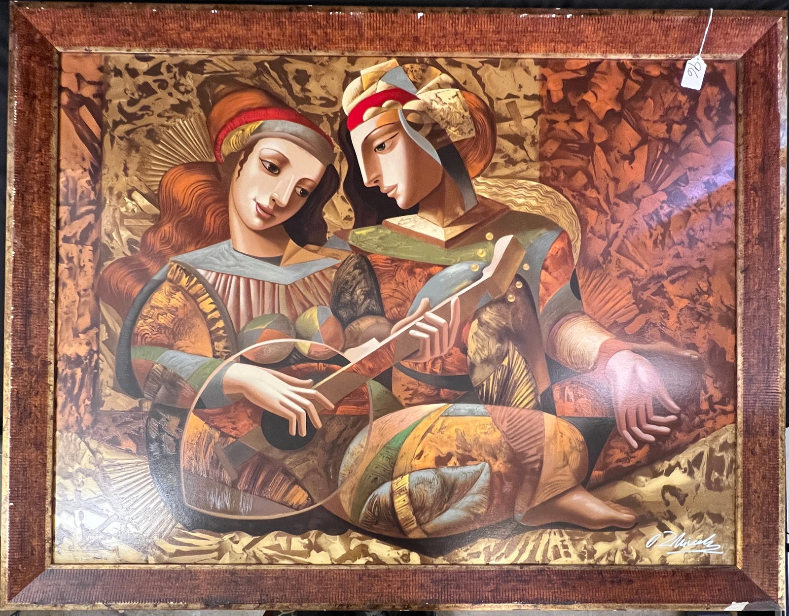 Oleg Zhivetin Limited Edition Serigraph: A large quality framed Cubist style limited edition serigraph by listed artist Oleg Zhivetin. It is titled "Serenade" and is hand signed in the lower right corner. It is numbered 245 out of 395. It me