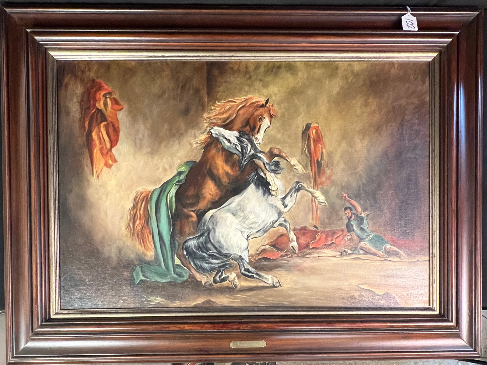 Al Bertram Oil on Canvas of Fighting Horses C. 1978: A quality framed large oil on canvas by listed Wisconsin artist Al Bertram c.1978 depicting 2 horses fighting with a man reclining on the floor in the background. It is titled "Fighting Stallions". It
