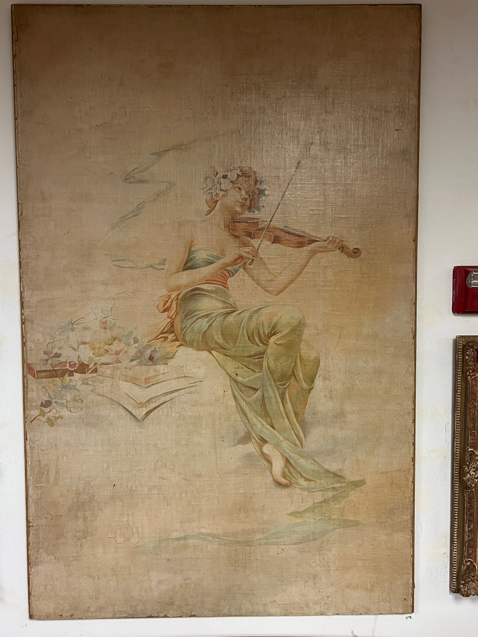 Lousie Abbema French Canvas Theater Panel of Important Size, c. 1897: A late 19th century French theater canvas panel of important size (one of a pair exhibited at the Paris Salon in 1897 and depicting muses of music and lyric poetry) is by prominent French Belle Epoque