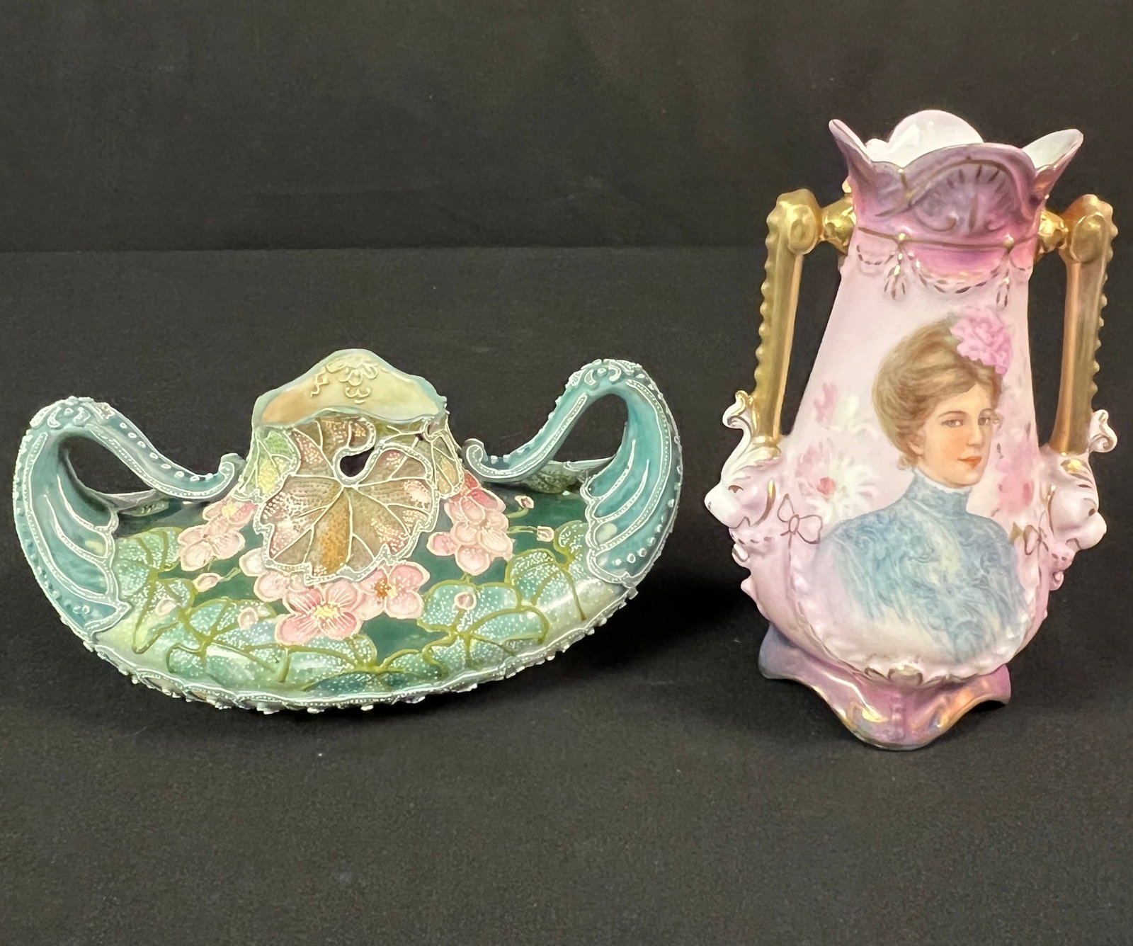 Nippon Moriage Double Handled Vase And Portrait Vase c.1900 (1 of 14)