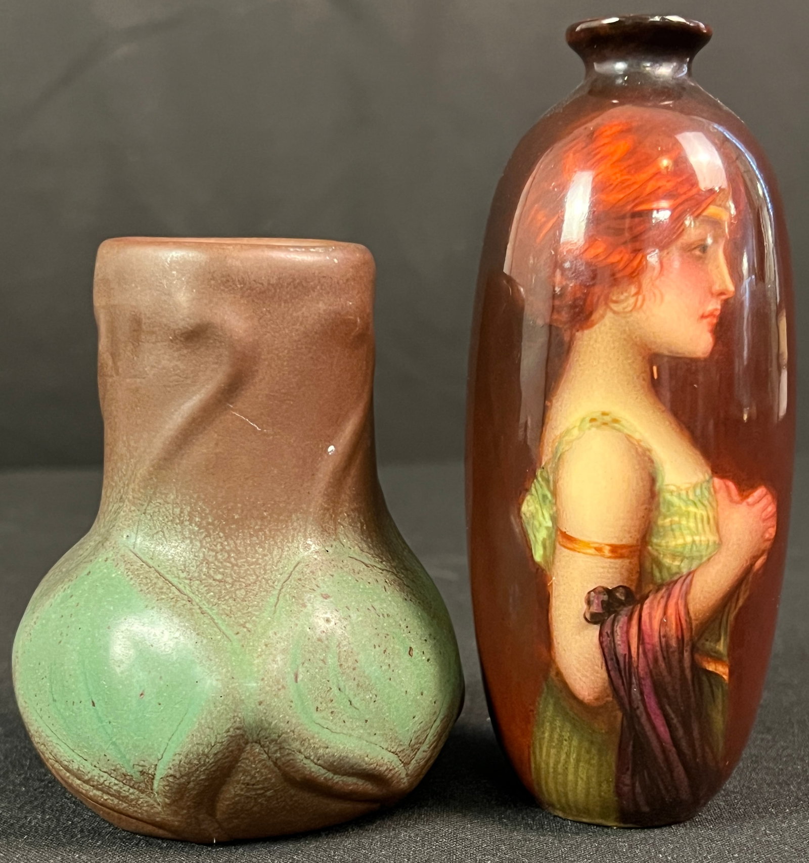 Van Briggle Vase, Rembrandt ware Portrait Vase C. 1900's: An Arts and Crafts Van Briggle Pottery vase hand signed on the bottom in excellent condition with a floral motif in green and brown matt glaze(4.5" tall X 4" across), and a Rembrandt ware portrait vas
