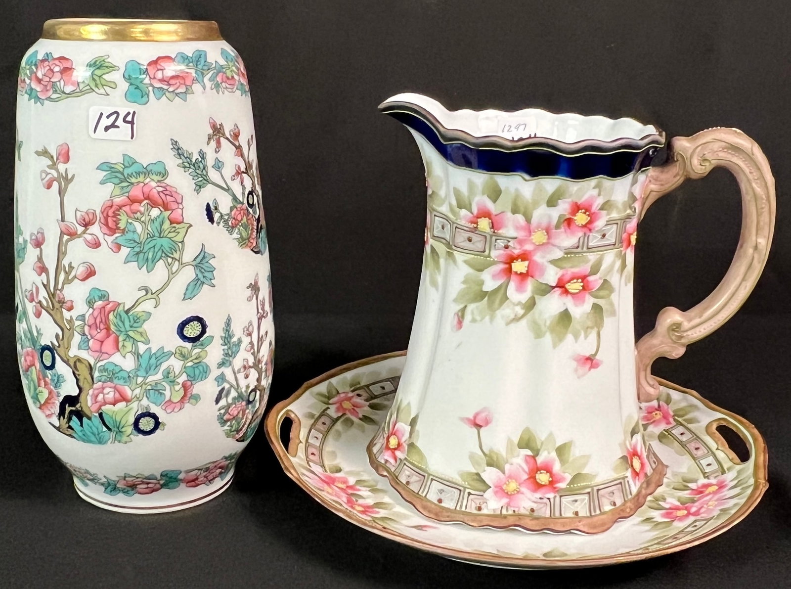 Antique Hand Painted Nippon, KPM Vase: A group of porcelain to include an antique hand painted floral Nippon pitcher and matching petit for plate, and a 9" tall Royal KPM porcelain floral vase, vase and plate excellent, chips on bottom of 