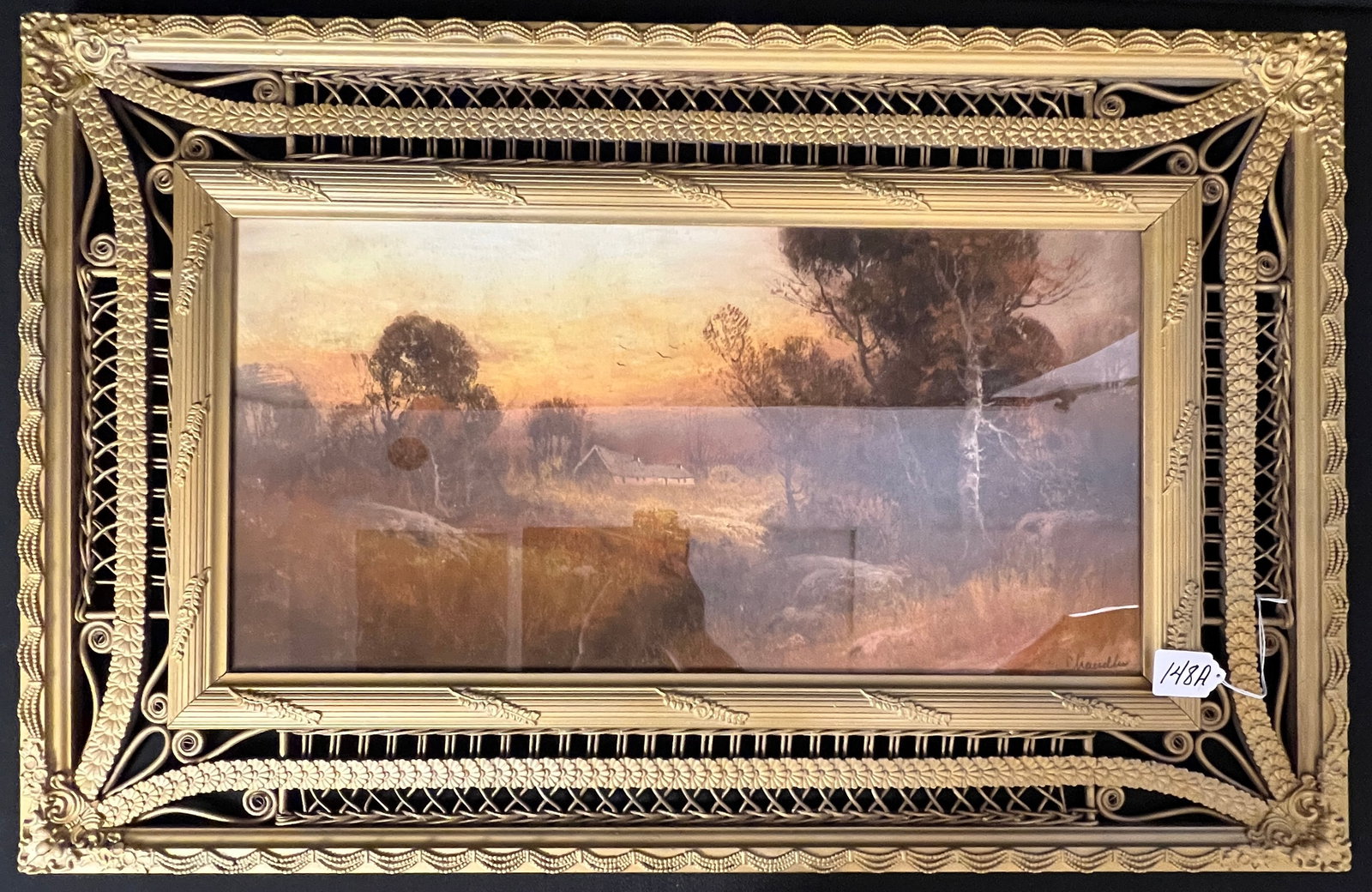 Rare Victorian Wicker Frame with Chandler Pastel Painting: A rare Victorian gilded wicker frame with curly cues, cross hatching and trimmed out in molded gesso with a signed Chandler Pastel drawing of a woodland scene, c.1890/1900. Pristine Condition