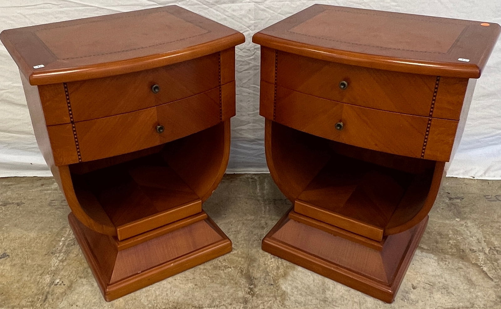 Carpanelli Art Deco Style Briarwood Inlaid Side Nightstands: A pair of Art Deco Style Italian Carpanelli Italian briarwood inlaid nightstands that feature 2 drawers with bottom shelf in excellent condition.