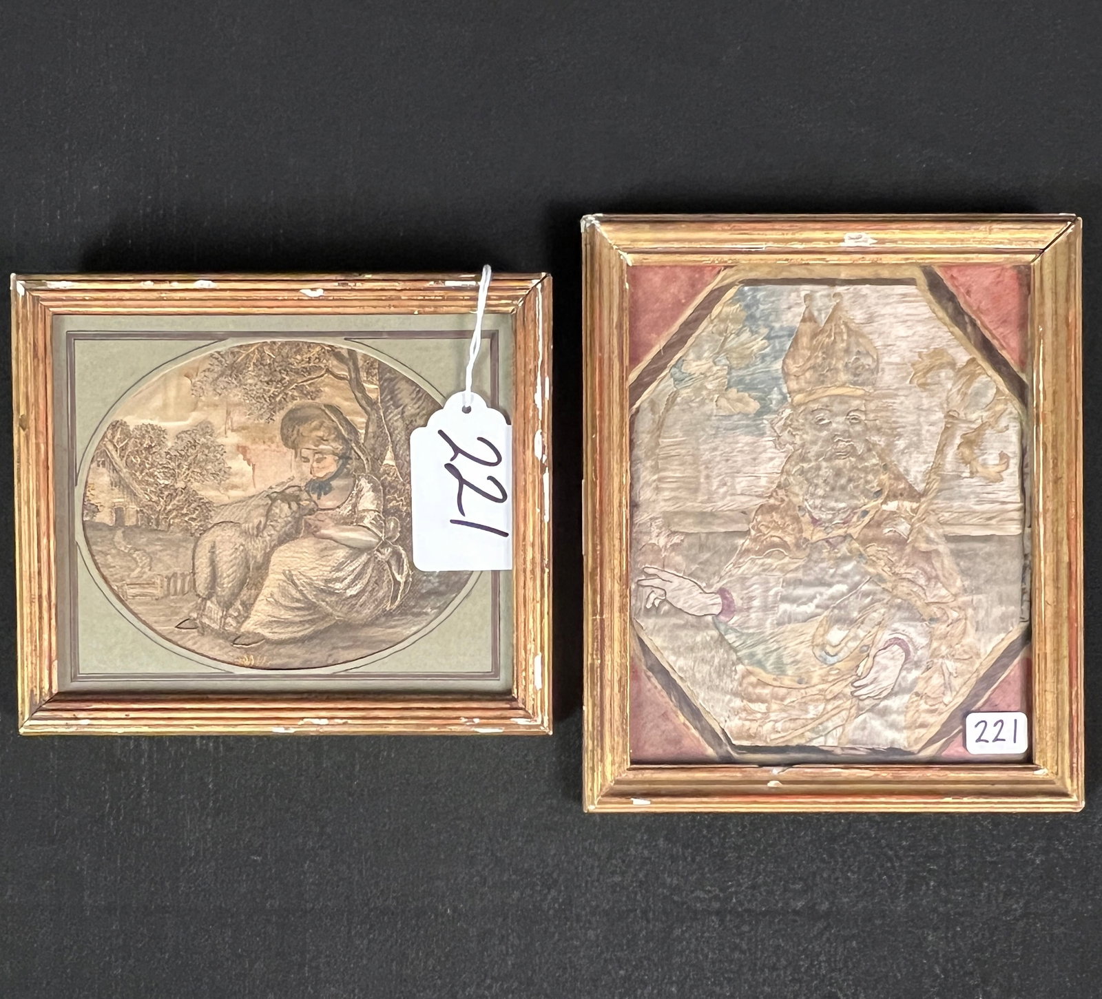 Group of 18th Century Silk Miniatures: A group of 18th century silk miniatures to include a portrait of a bishop and a little girl with a lamb on silk, with losses noted. There are small losses to both frames. The bishop measures 7.5"