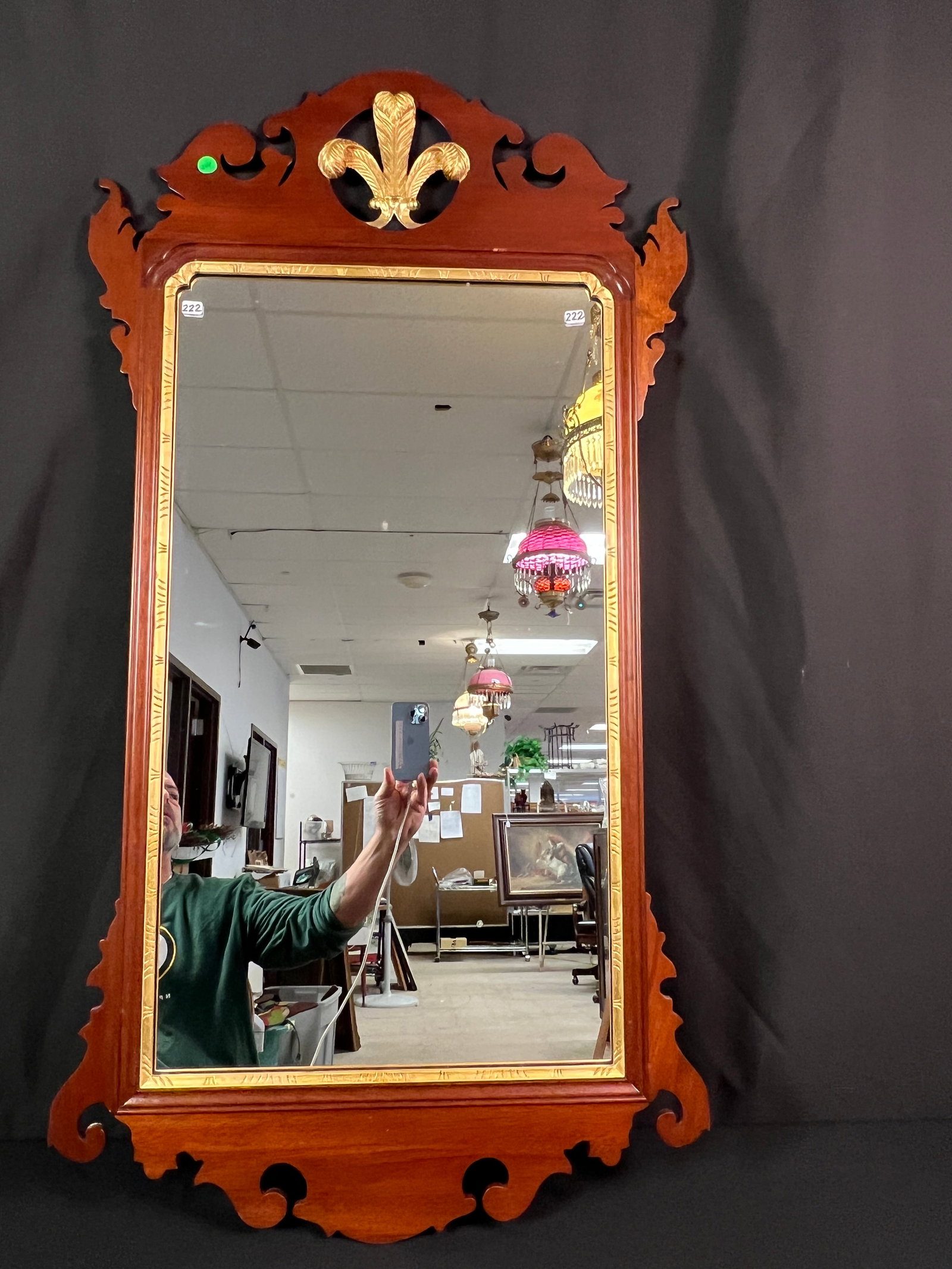 18th Century Chippendale Large Hall Mirror: 18th century American Chippendale mahogany filigreed hall mirror with fleur de lis crest. In excellent condition, it measures 44" tall X 23" across.