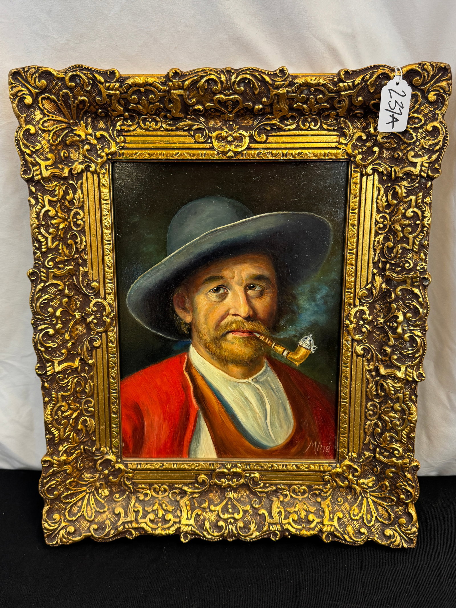 Casper Mine Oil on Board Portrait, Signed: A quality framed oil on Masonite portrait by listed French artists Casper Mine (1905 - ). It depicts a Tyrolean man with a beard in a hat smoking an ornate pipe. It is signed in the lower right. In ex