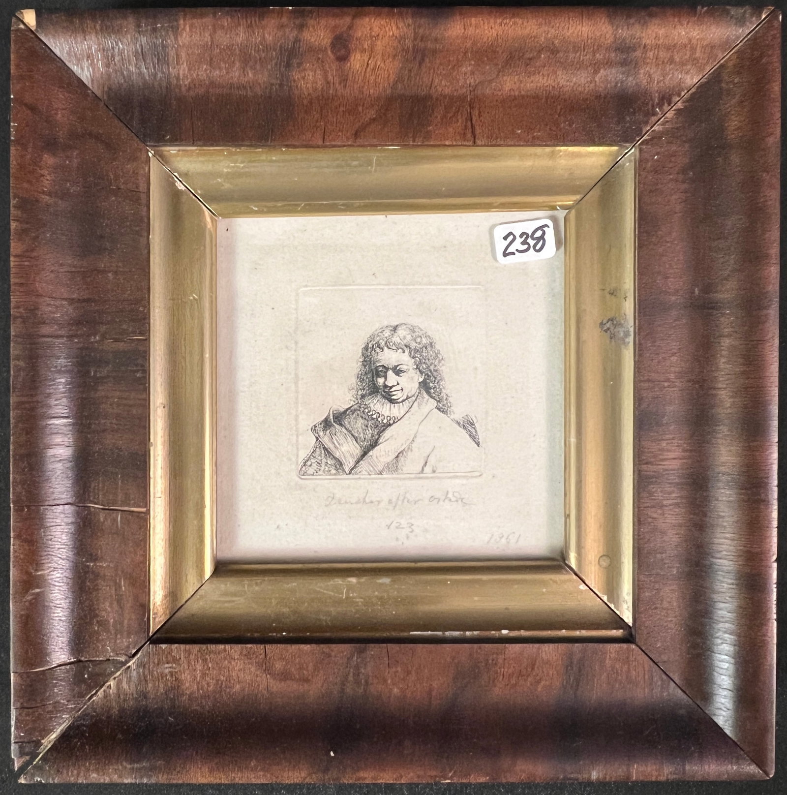 18th Century Rembrandt Etching: An 18th century Rembrandt etching in antique frame. It measures 9" tall X 9" across framed.