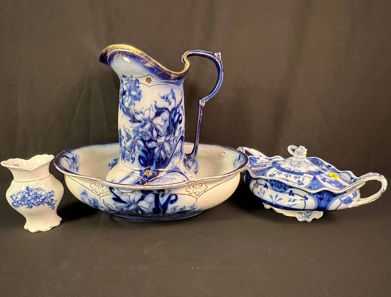 Flow Blue Large Pitcher and Wash Basin, Tureen and Toothbrush Holder (1 of 9)