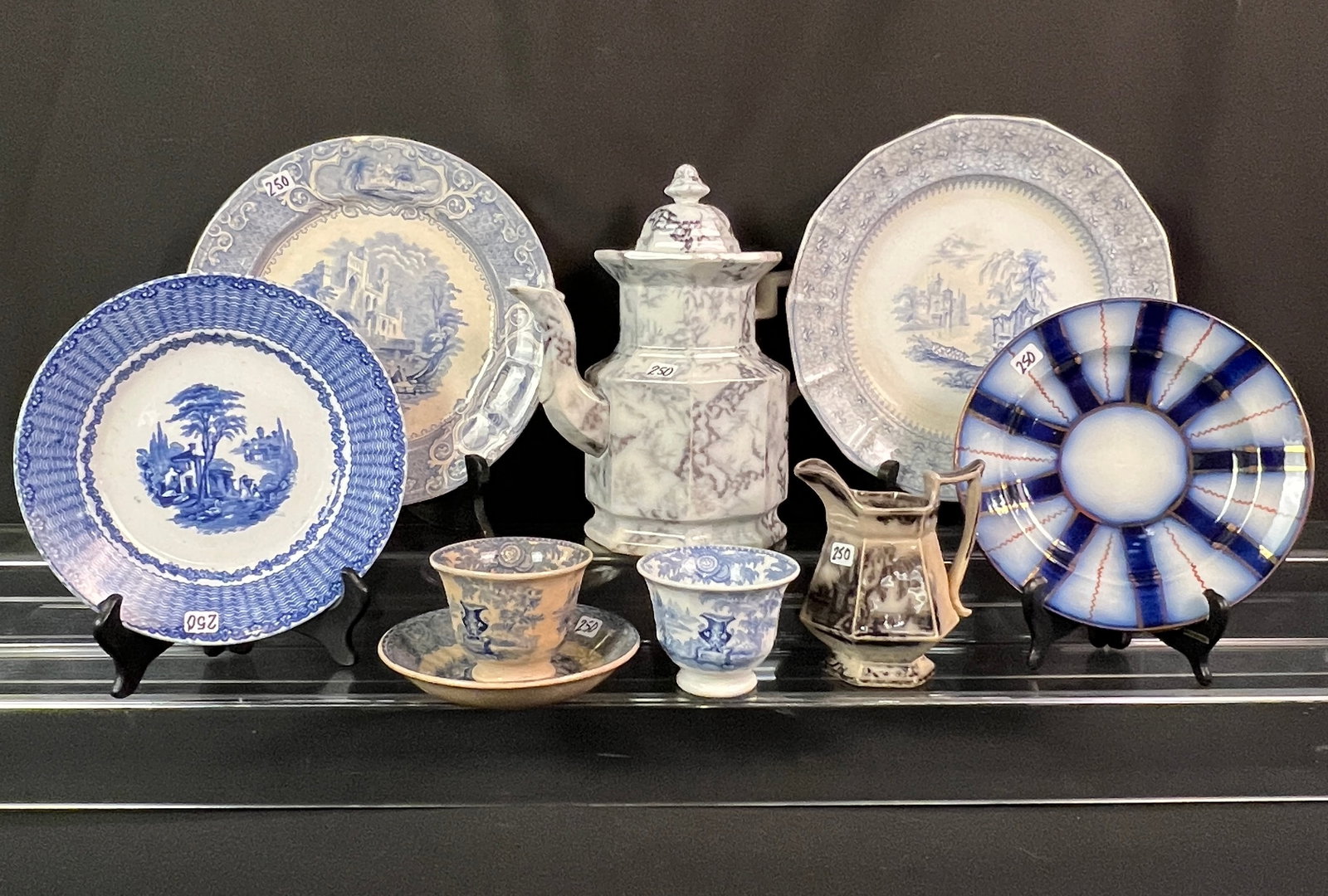 Marbleized Coffee Pot, Blue Transferware and More: A Venables and Baines ironstone 'marble' coffee pot (measures 10.5" tall X 10" across, in excellent condition with no chips or cracks), a Mulberry transferware creamer (9.5" tall X 5" across), a