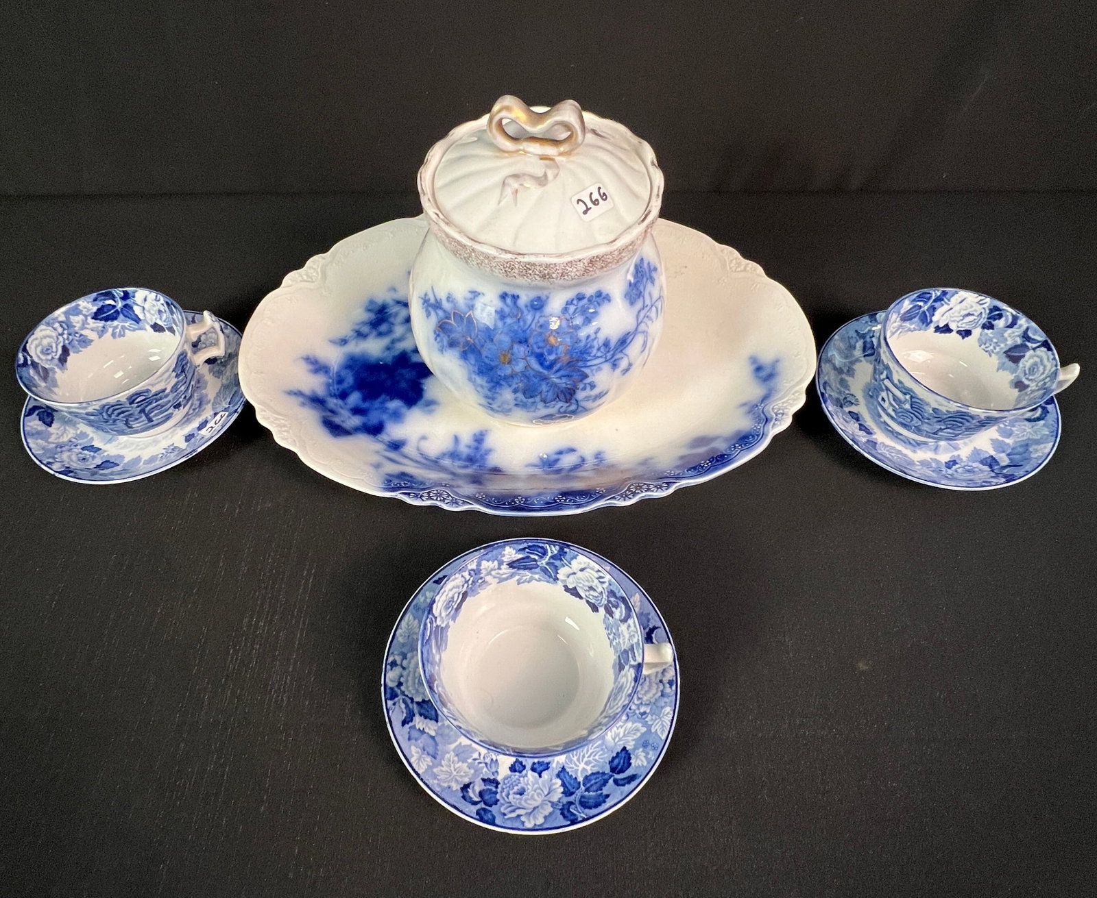 Flow Blue Biscuit Jar, Platter and Tea Cups (1 of 7)