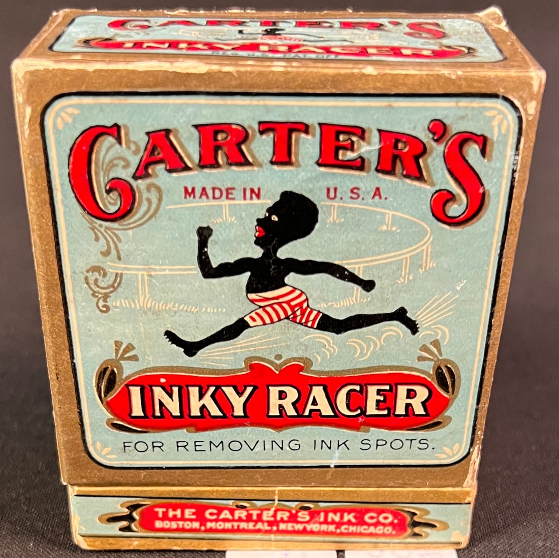 Black Americana Carter's "Inky Racer" Spot Remover Advertising: A rare piece of Black Americana advertising, an early 20th century box of Carter's "Inky Racer" ink spot remover in very good condition. Box shows minimal wear for age and depicts a young African Amer