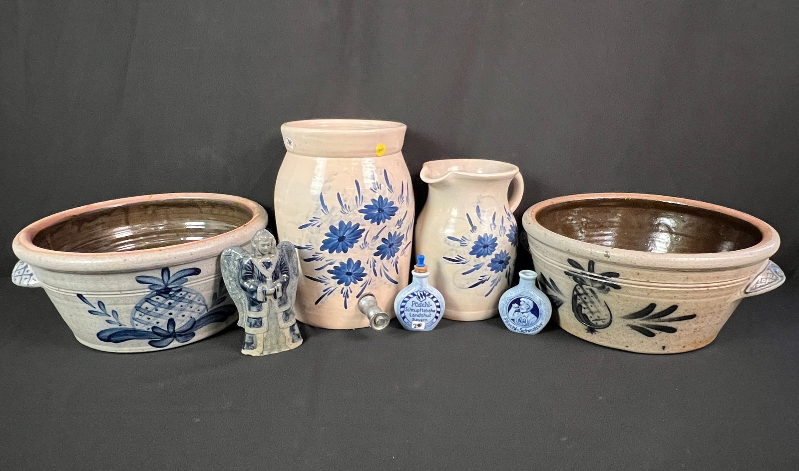 Group of Country Saltware glazed Pottery: A group of Country salt glazed pottery to include a Marshal Pottery 12" tall lidded water cooler/ dispenser and matching 9" tall pitcher which both feature hand painted floral design on front and reve