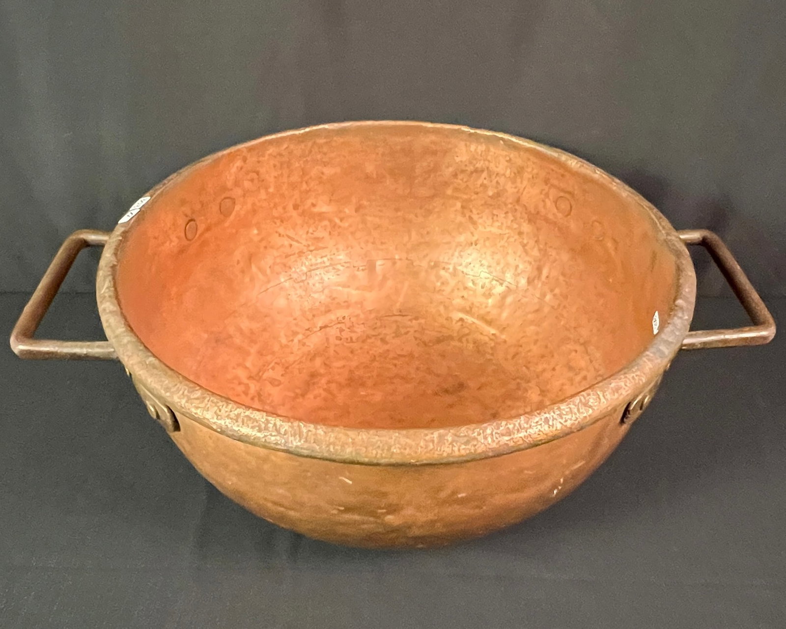 Solid Copper Chocolate Kettle, c.1830s-40s: A 1830s large solid copper chocolate kettle with iron handles. Considering its age, it is in good condition and measures 10" tall X 19" round.
